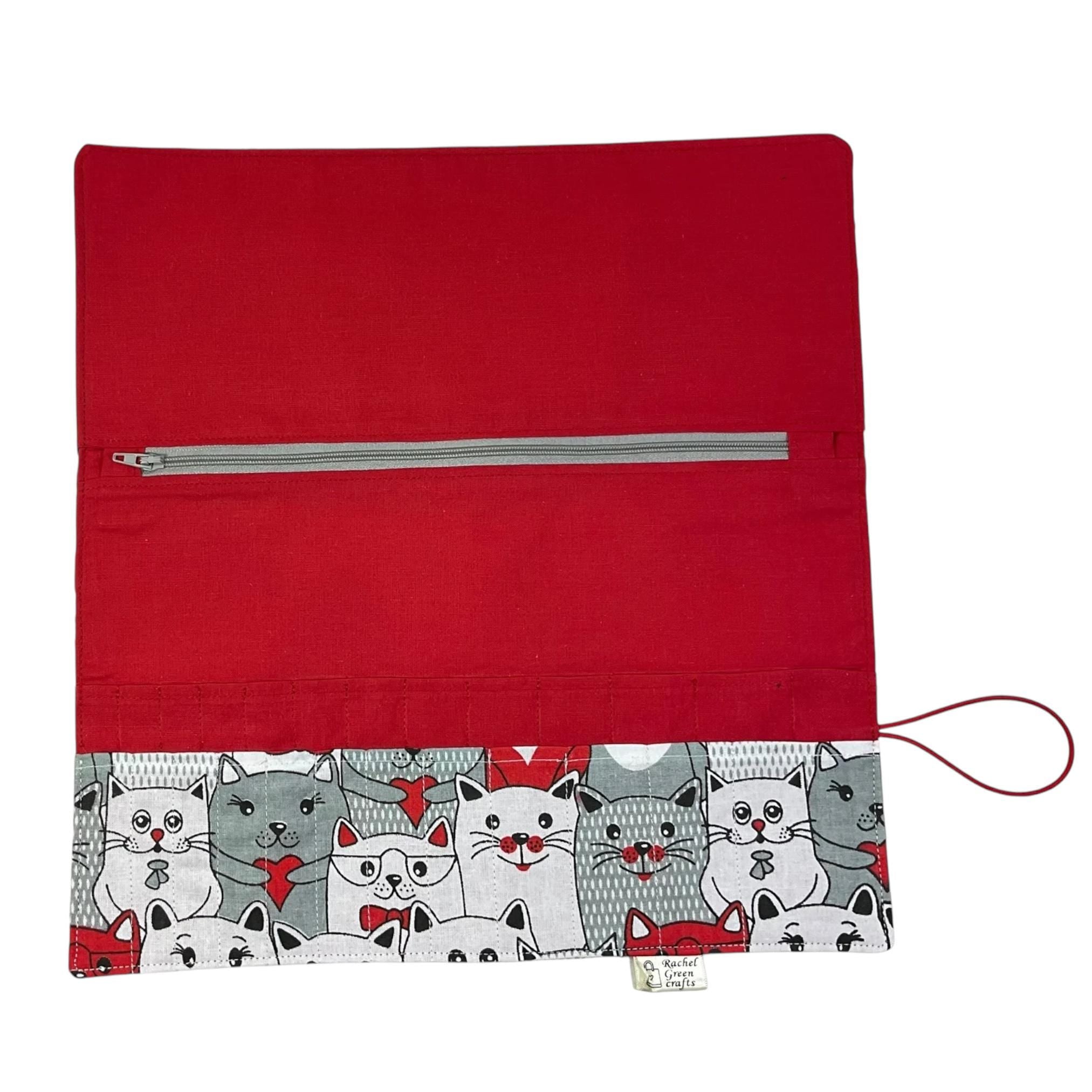 Interchangeable knitting needle case with cats, holds 2 sets, addi case, chiagoo wallet, knit pro organiser, hiya hiya pouch