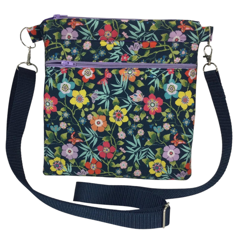 Liberty fabric slim shoulder bag with multi pockets, messenger style paisley  floral phone purse