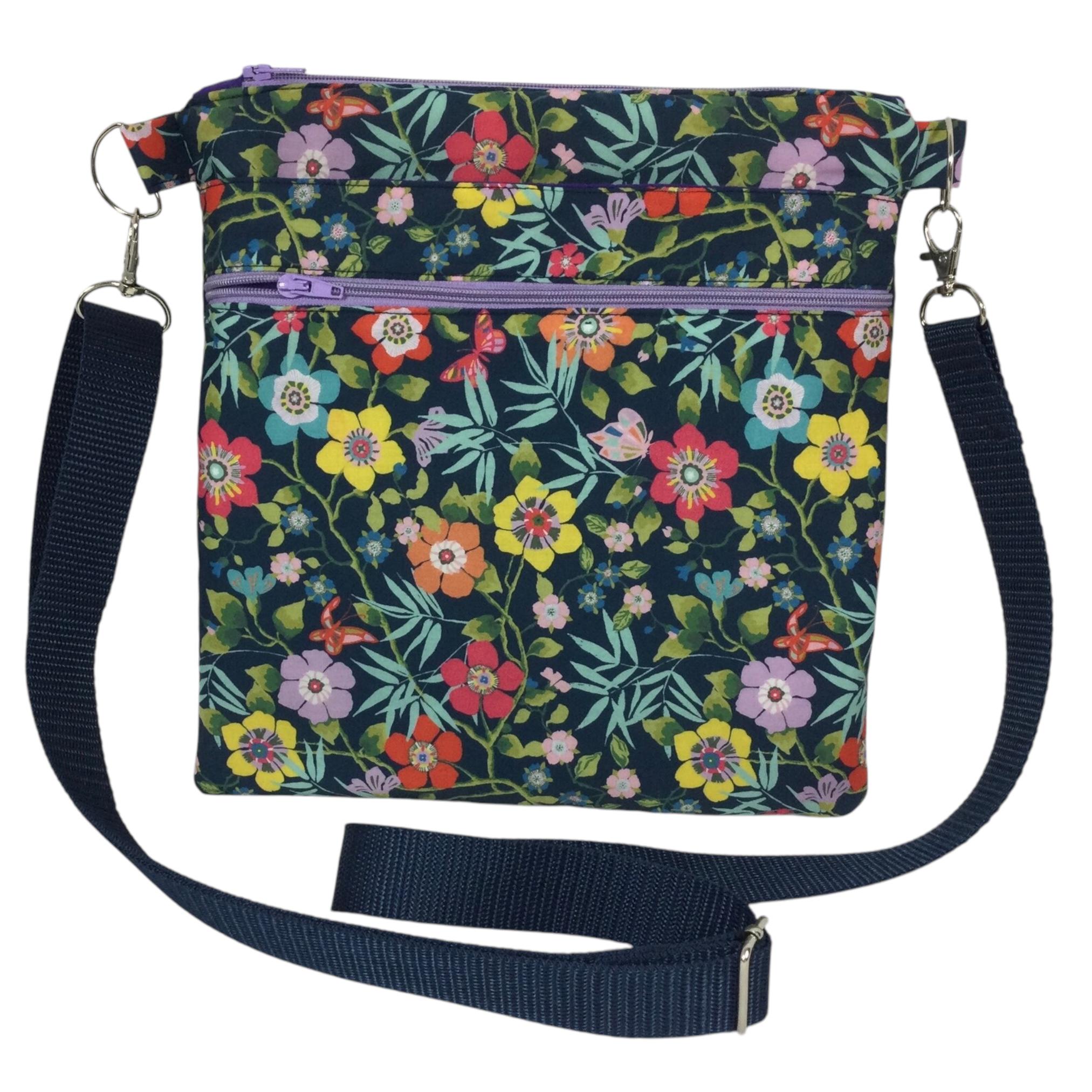 Liberty fabric slim shoulder bag with multi pockets, messenger style paisley  floral phone purse