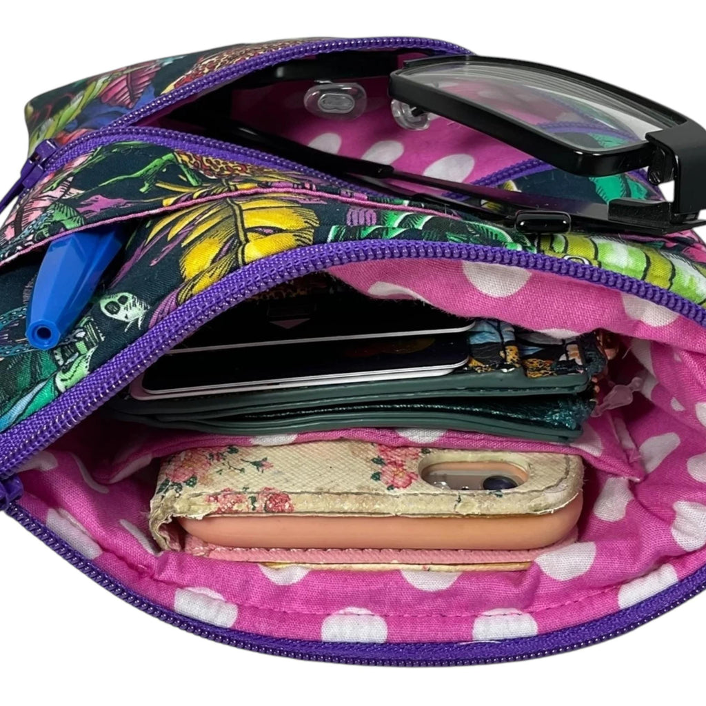 Liberty fabric slim phone shoulder bag with multi pockets, teen messenger floral phone pouch, fish mini clutch bag, clubbing festival bag,