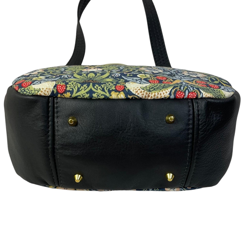 Crossbody Handbag in genuine Leather and strawberry thief print, William Morris print shoulder bag, zip pocket adjustable strap organiser