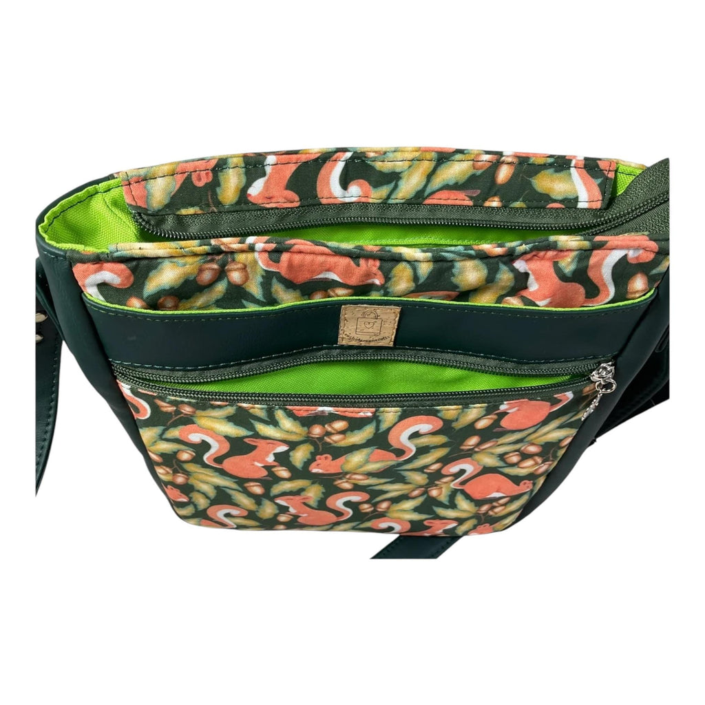 Handbag in faux leather and squirrel print,  vegan ladies gift, woodland crossbody bag, shoulder zip pouch