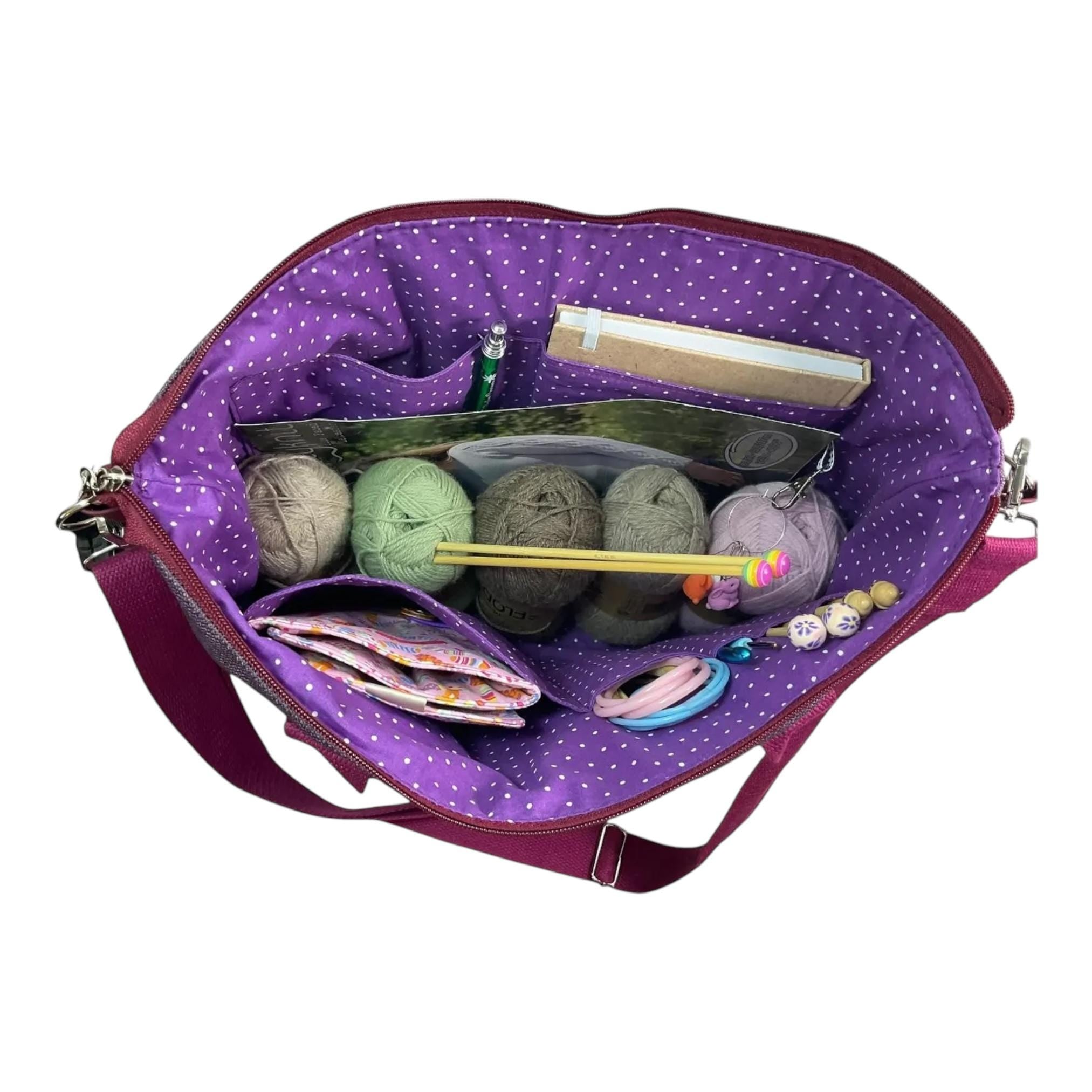 Knitting and crochet tote bag with zip top, large organiser crossbody bag