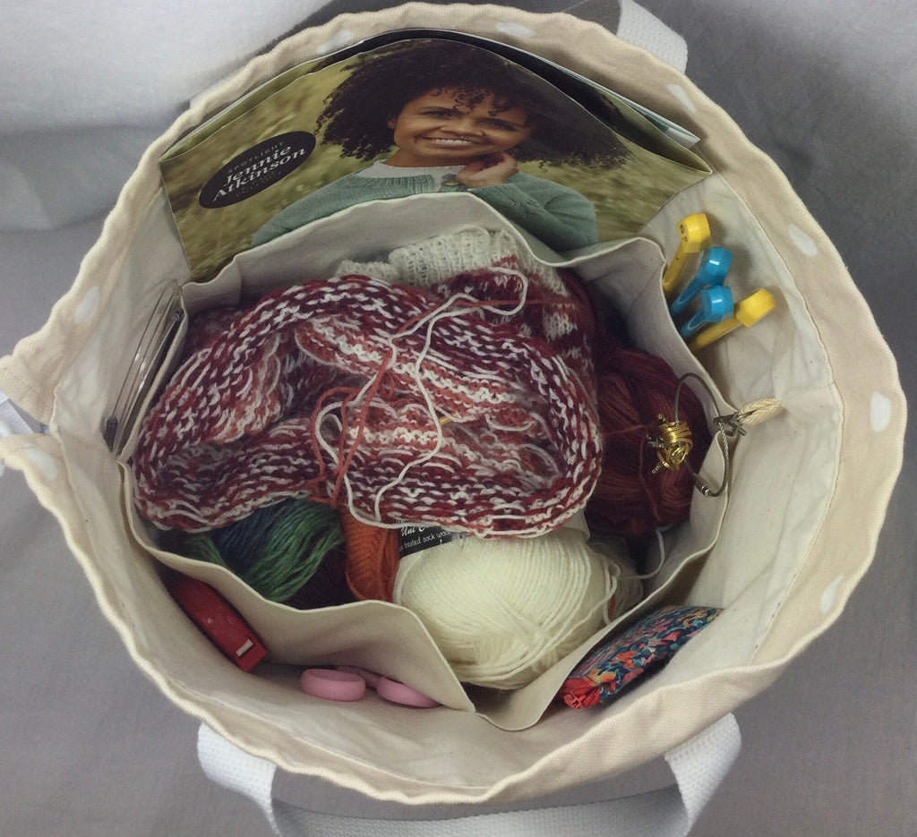 Extra Large drawstring knitting bag with red sheep print, multi pockets project bag with handles