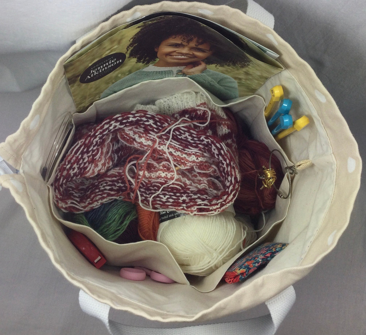 Extra Large drawstring knitting bag with red sheep print