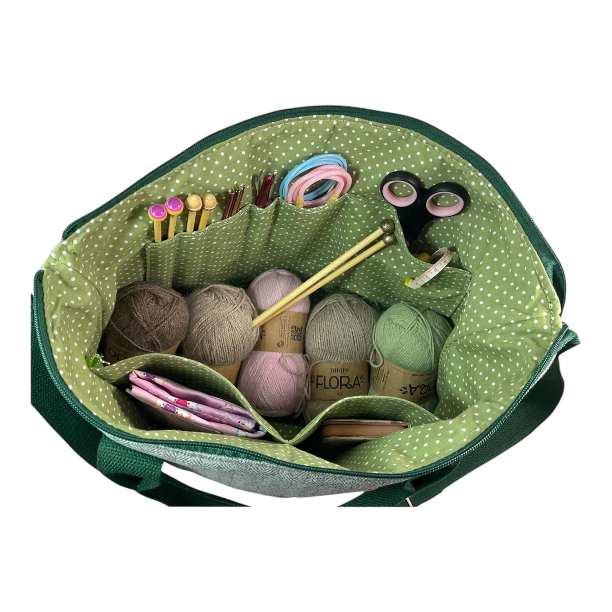 Knitting and crochet tote bag with zip top, large cats organiser crossbody bag