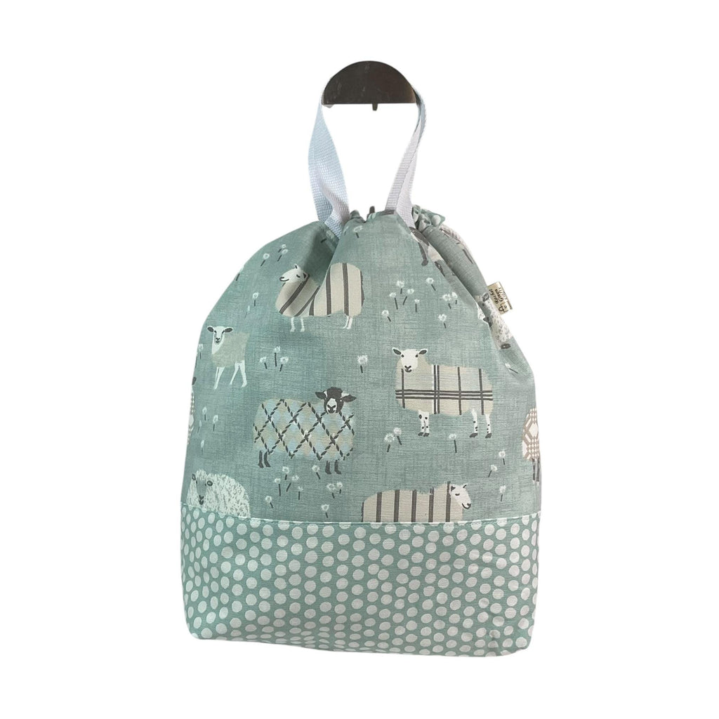 Extra Large drawstring knitting bag with blue sheep print, multi pockets project bag with handles