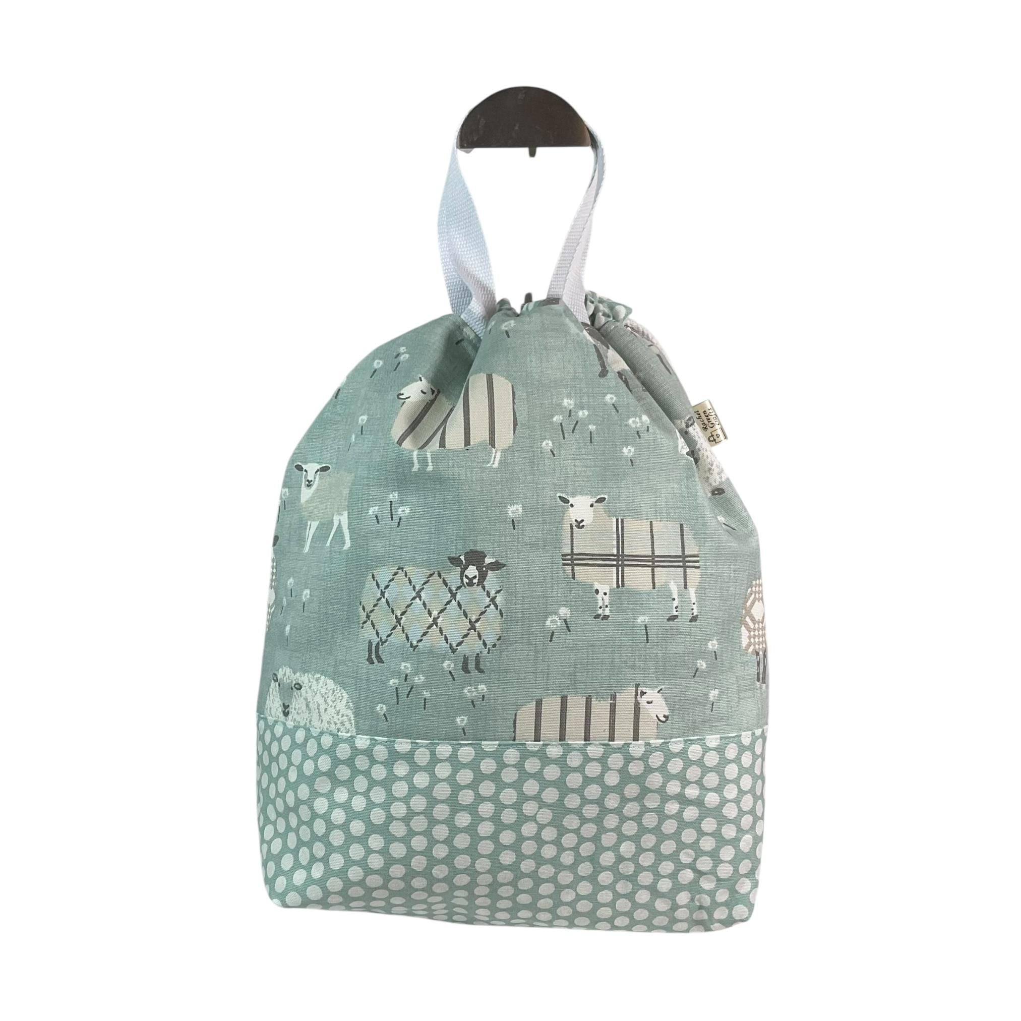 Extra Large drawstring knitting bag with blue sheep print, multi pockets project bag with handles