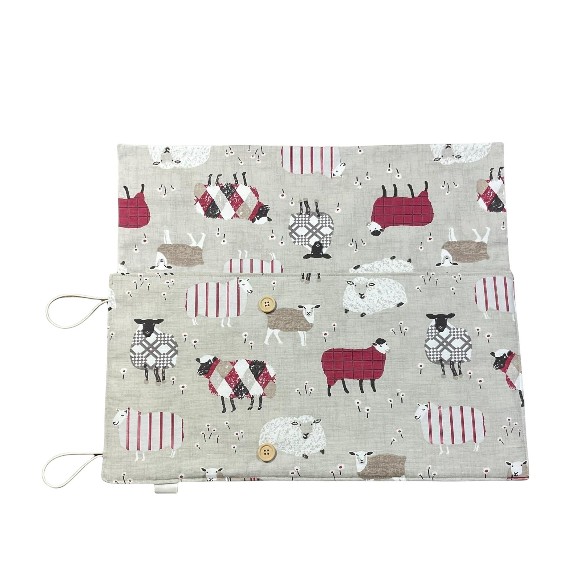 Double pointed knitting needle case with natural and red sheep,  DPN or crochet hook case, sock knitters gift,