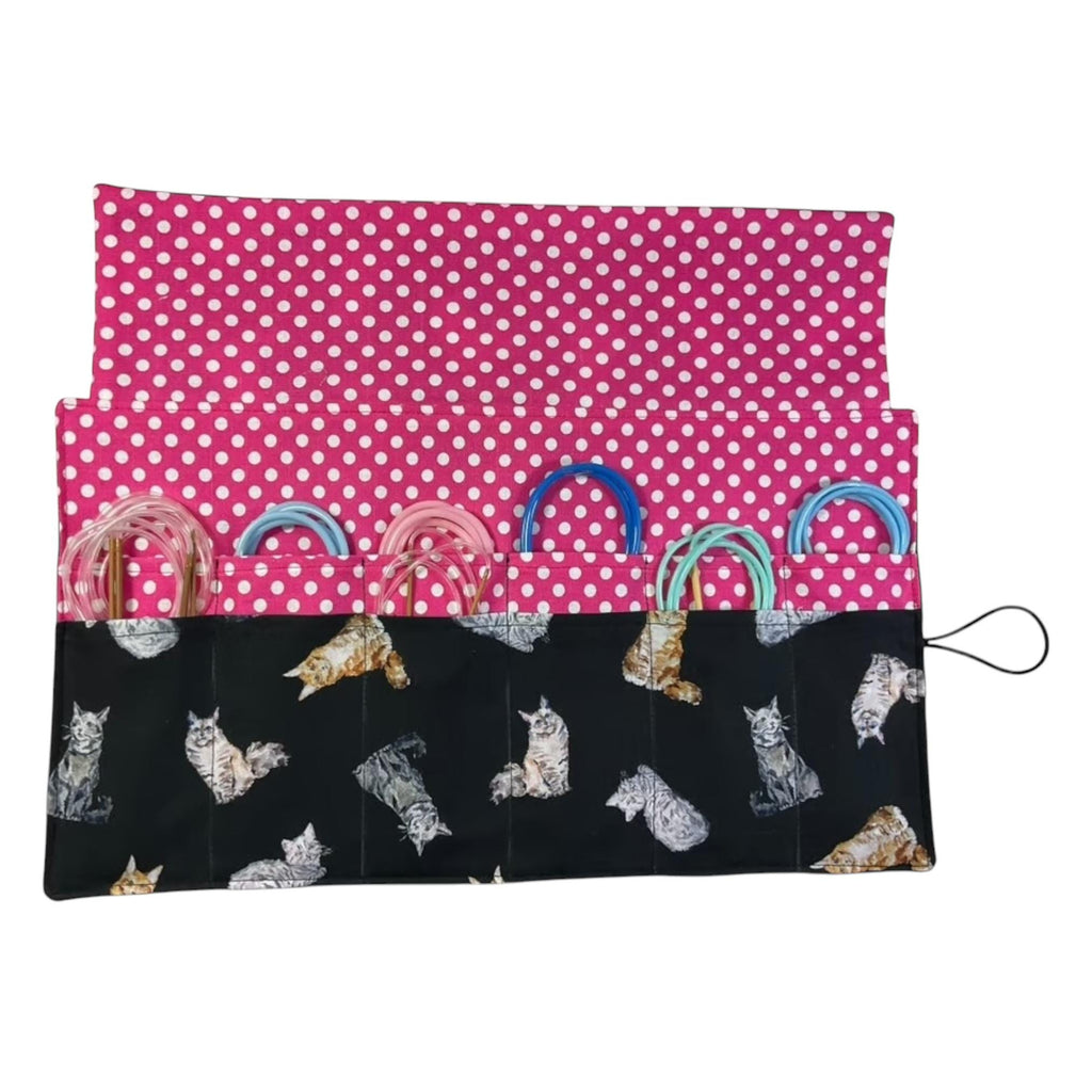 fixed Circular knitting needle case with cats, sock needles roll, needle wallet, knitters gift, needle holder,