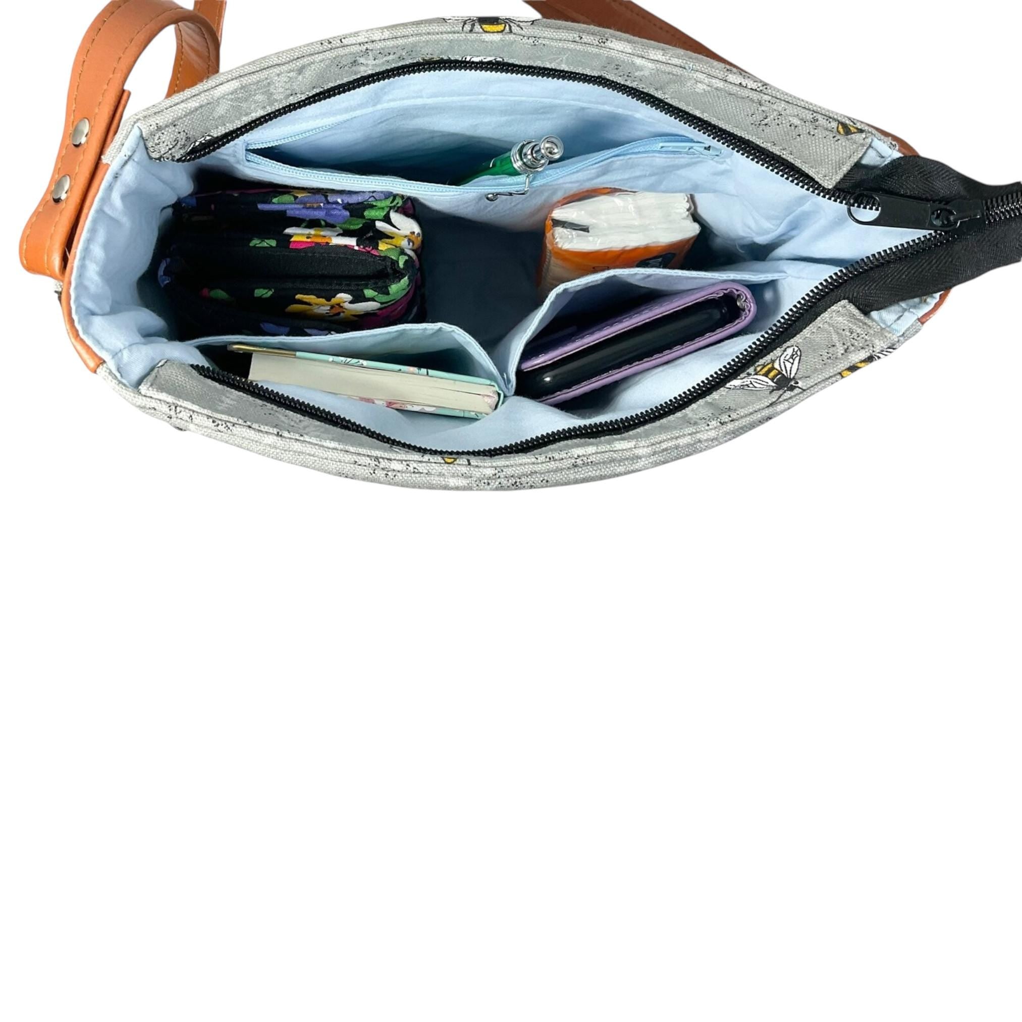 Handbag in faux leather and strawberry thief bird print, vegan ladies gift, crossbody bag, shoulder zip pouch