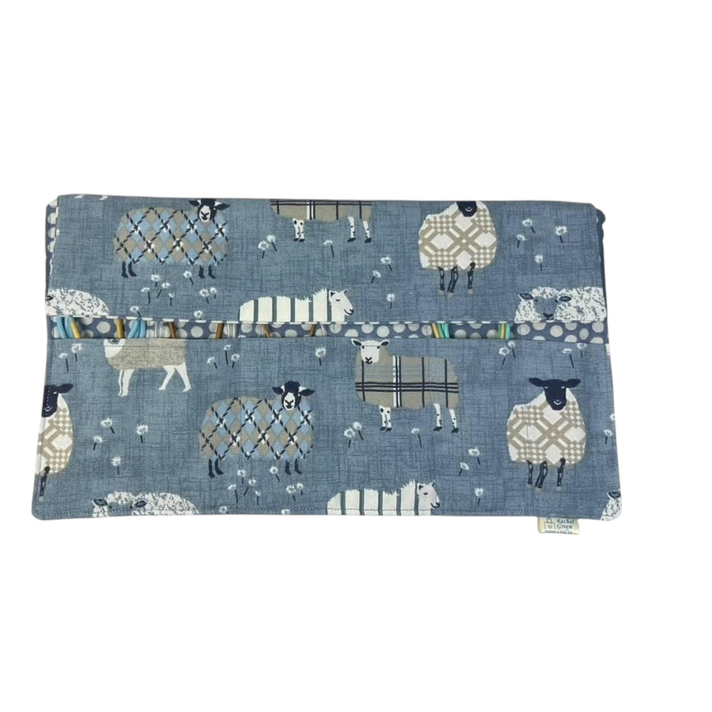 Circular knitting needle case with denim blue sheep,  fixed circular wallet,  sock needles storage pouch, knitters gift