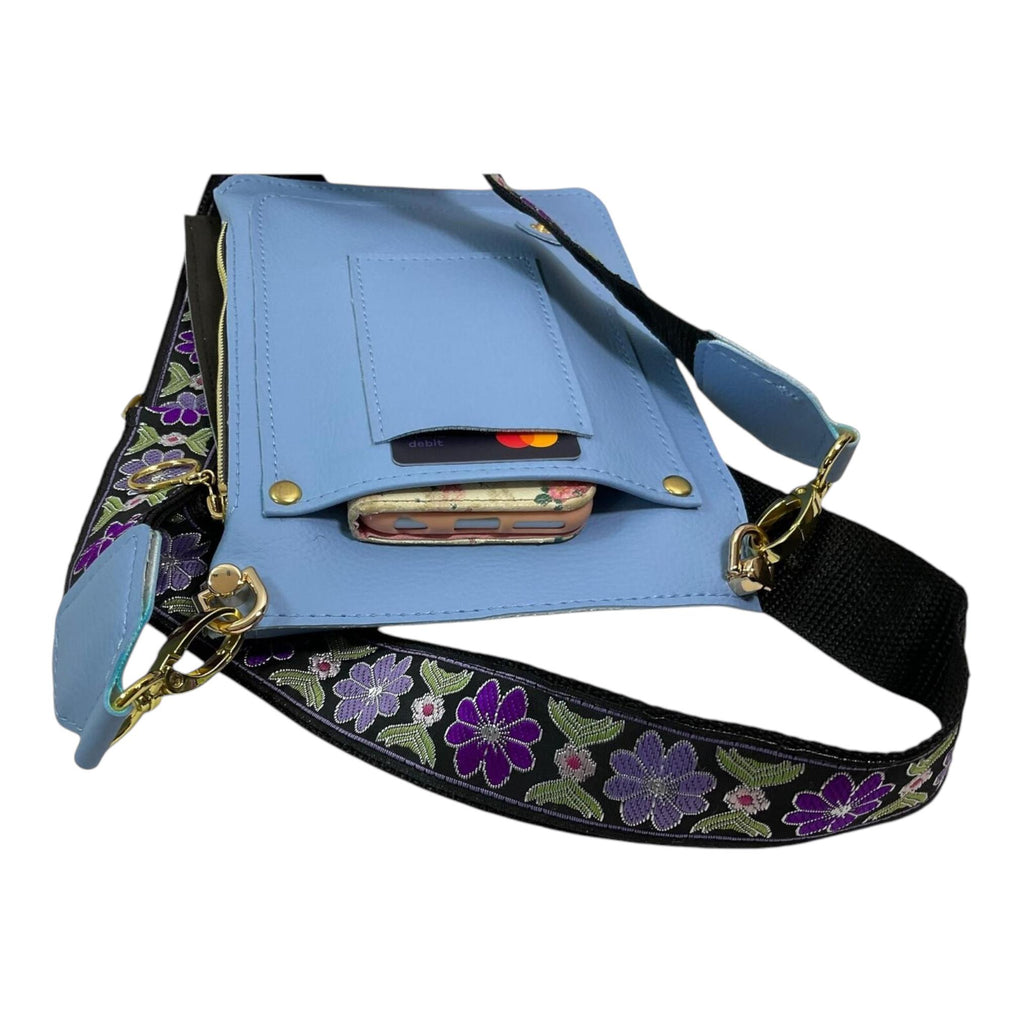 Vegan phone shoulder bag made of faux leather with multi pockets, phone size embroidered messenger style sling crossbody pouch, ladies gift