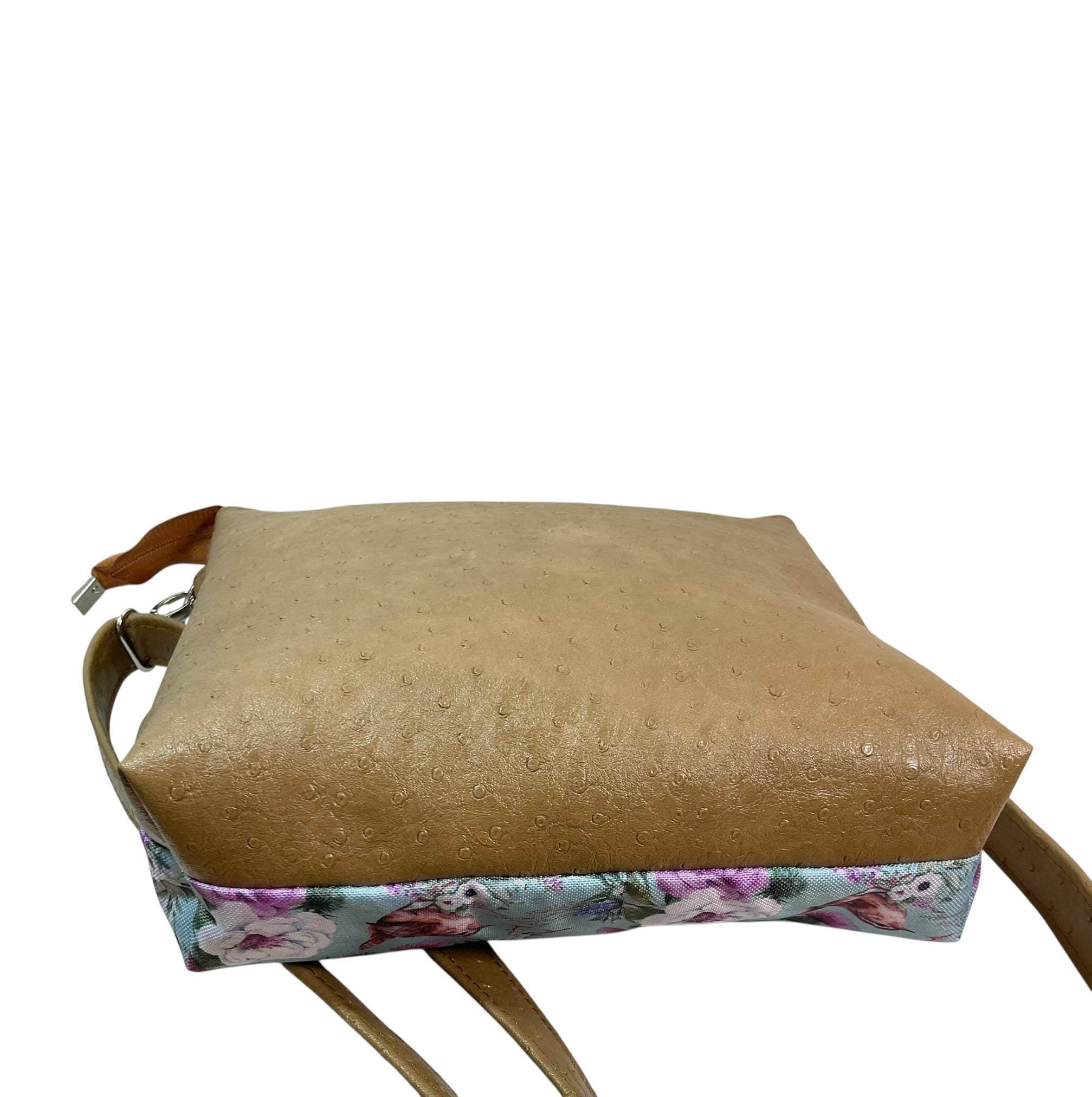 Floral Bird Print Faux Leather Handbag: Zip Top Crossbody Bag