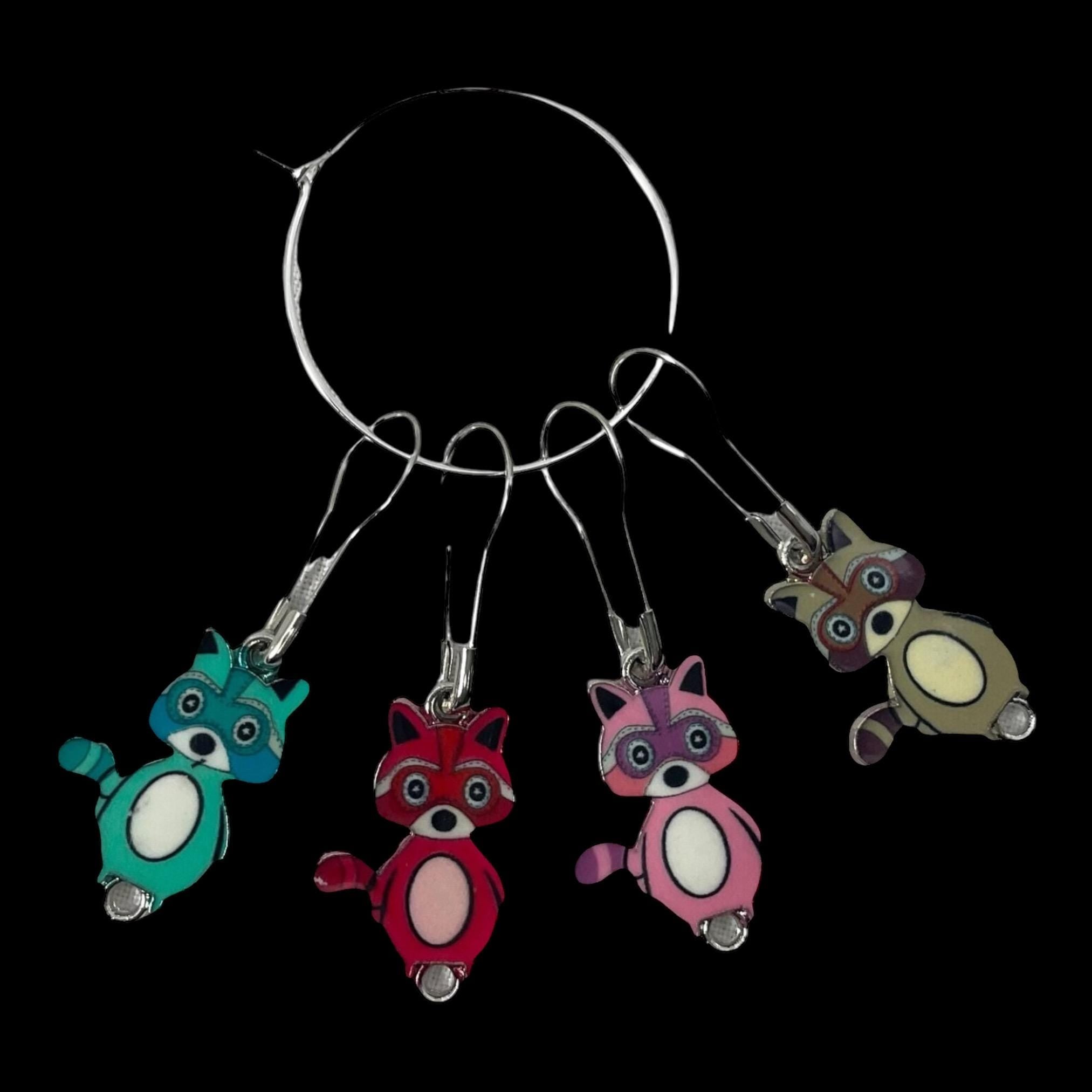 Raccoon Stitch markers, enamelled colourful progress charms, knitting markers, lace markers, knitters gift, gold plated place keeper