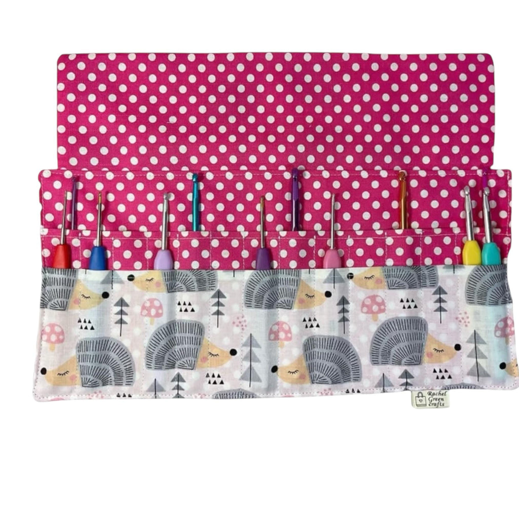 Crochet hook case with hedgehogs, Ergonomic hook organiser, roll up  case, hedgehog lover gift, knitters gift, Crochet gift, crochet storage