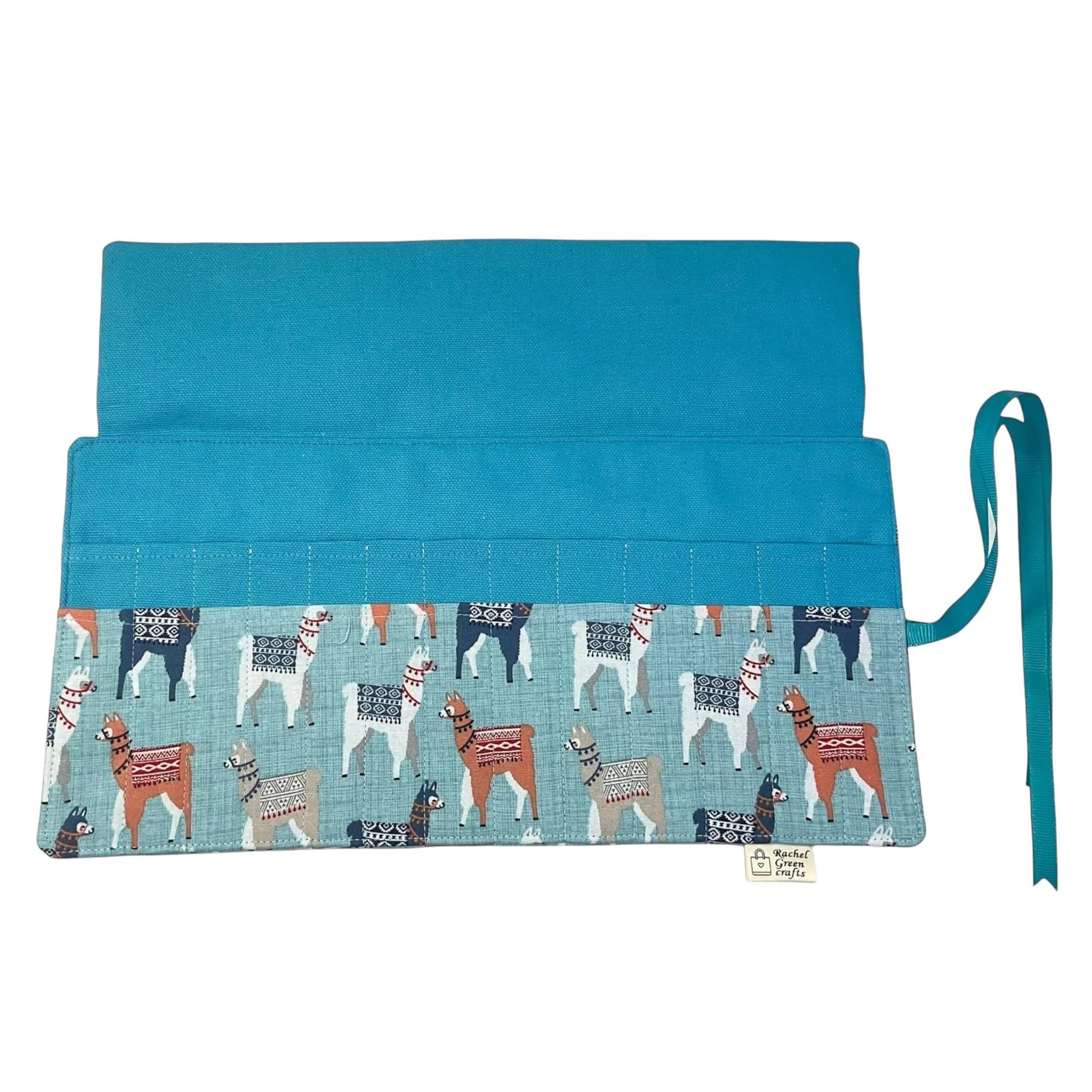 Crochet hook case with llamas, Ergonomic hook organiser, roll up short Dpn case, knitters gift, Crochet gift, crochet storage