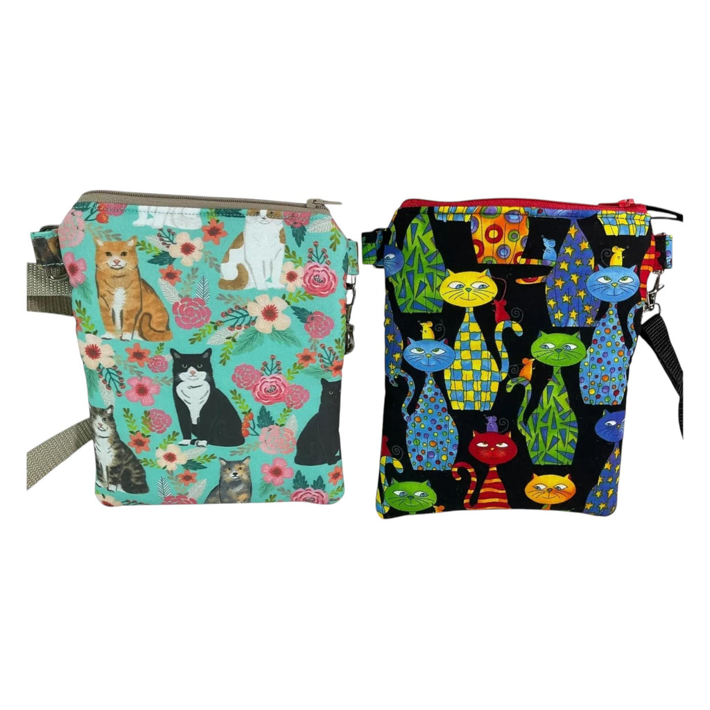 Slim phone shoulder bag with multi pockets and cat print, teen messenger phone pouch, mini clutch bag, clubbing festival bag, cat lover gift