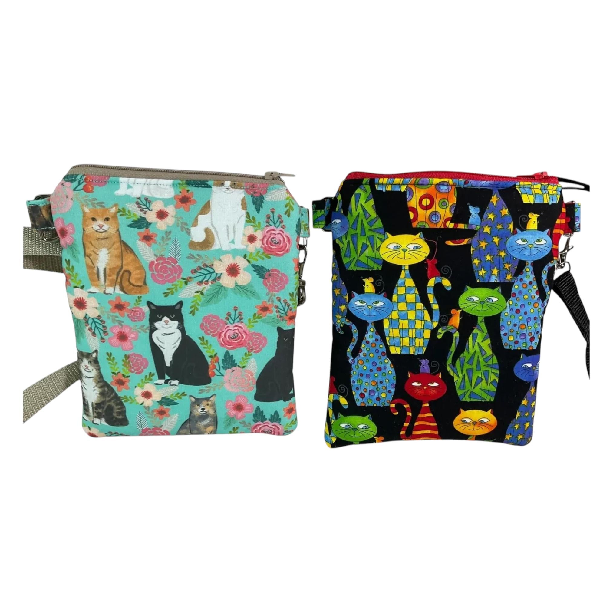 Slim phone shoulder bag with multi pockets and cat print, teen messenger phone pouch, mini clutch bag, clubbing festival bag, cat lover gift