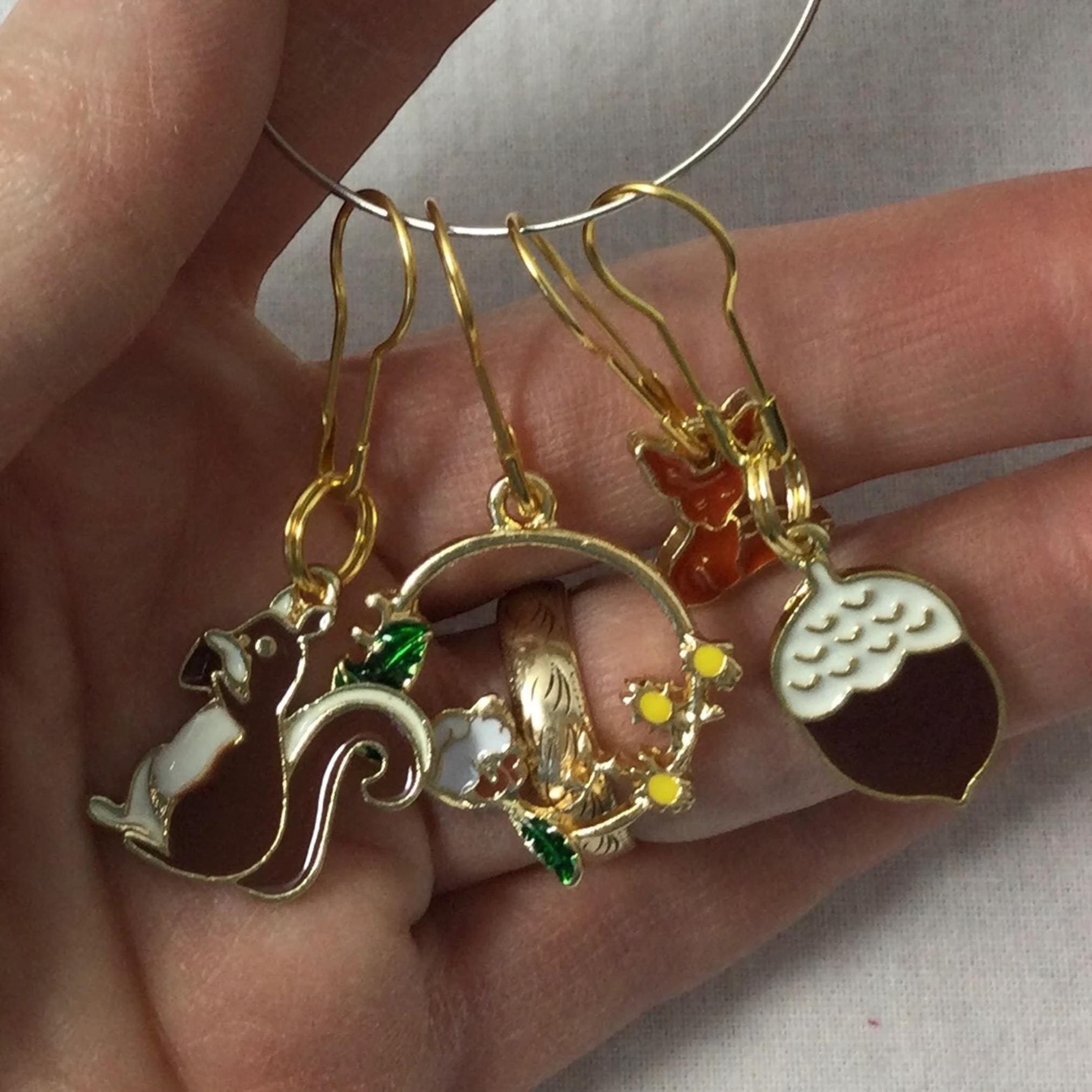 Squirrel and fox stitch markers , enamelled colourful woodland  progress charm, knitting markers, lace markers, knitters gift, place keeper