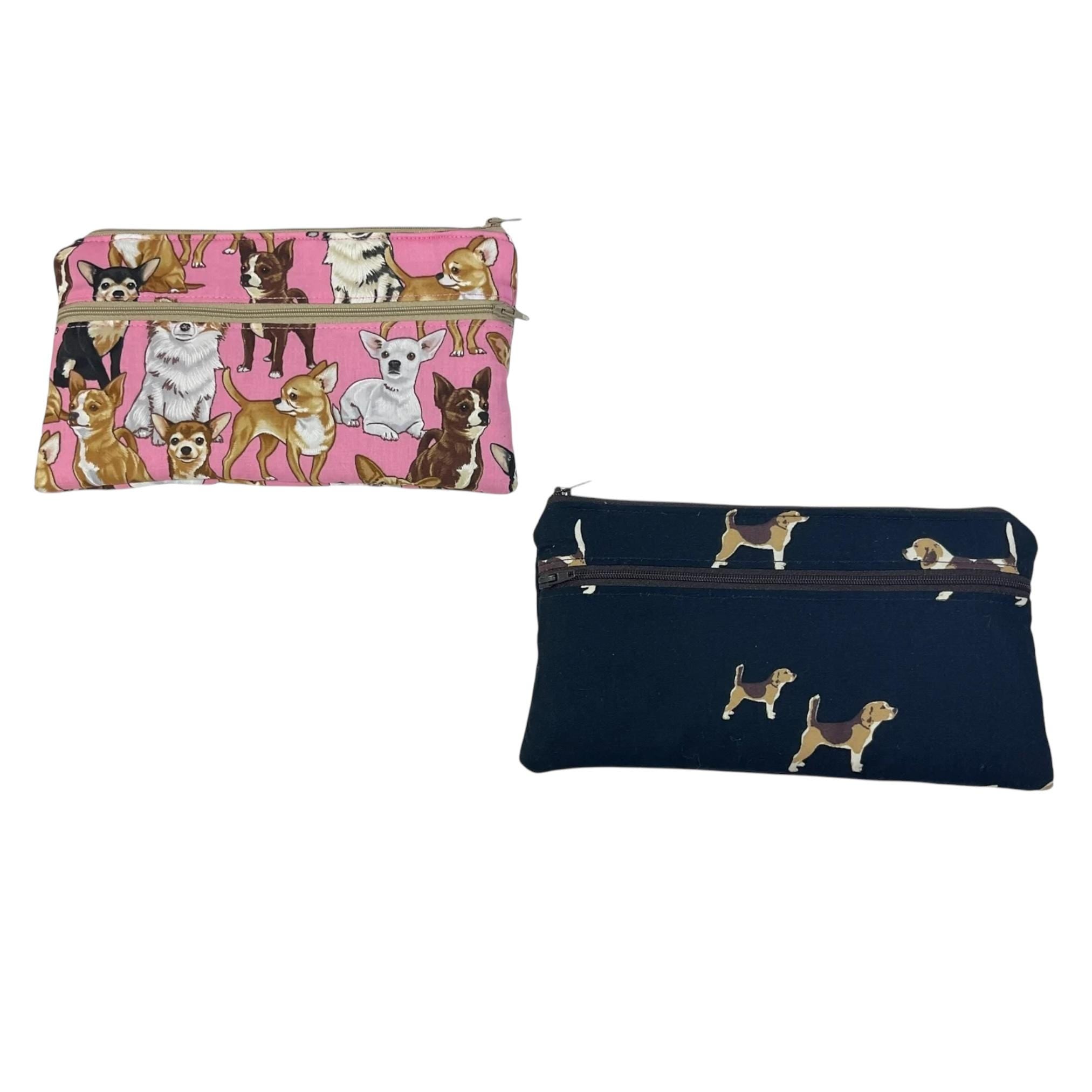 2 pocket zip pouch with various dogs breeds, double pocket case for glasses and phone holder, crafting dog lover gift, water resistant