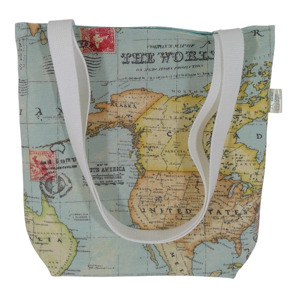 Map print Small cotton canvas tote bag, USA map book purse, lined tote, mini shopping bag, small project bag, girls shoulder purse