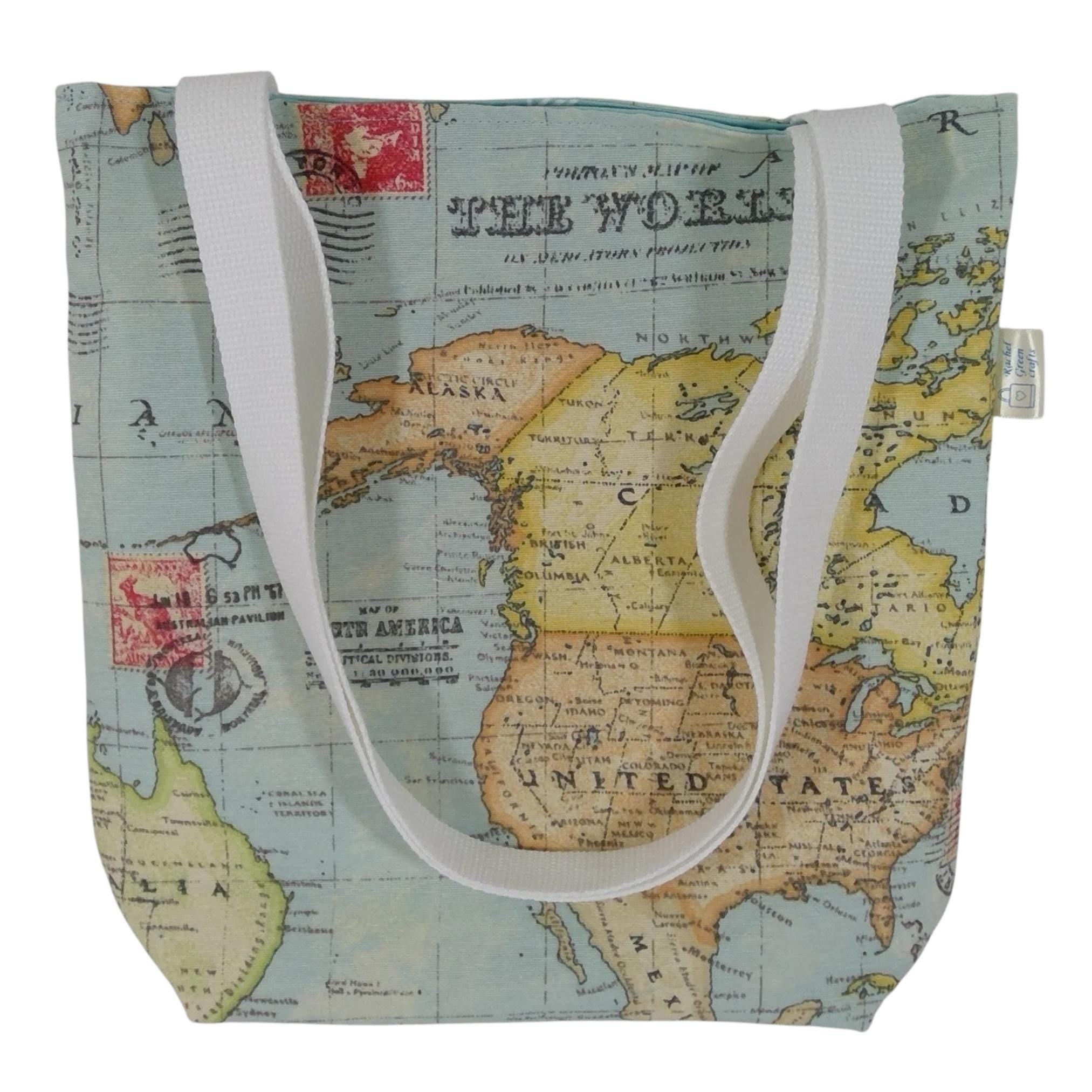 Map print Small cotton canvas tote bag, USA map book purse, lined tote, mini shopping bag, small project bag, girls shoulder purse
