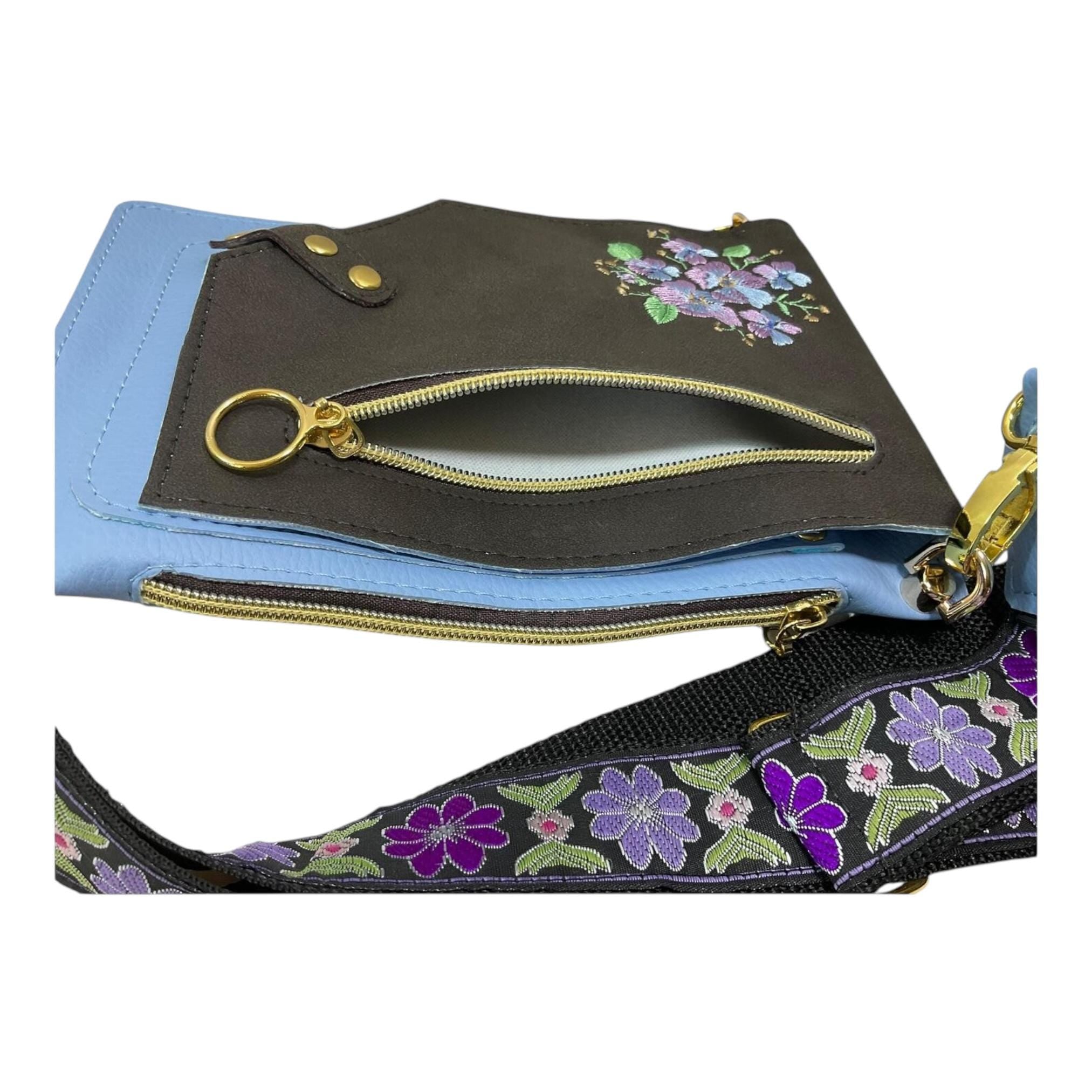 Vegan phone shoulder bag made of faux leather with multi pockets, phone size embroidered messenger style sling crossbody pouch, ladies gift
