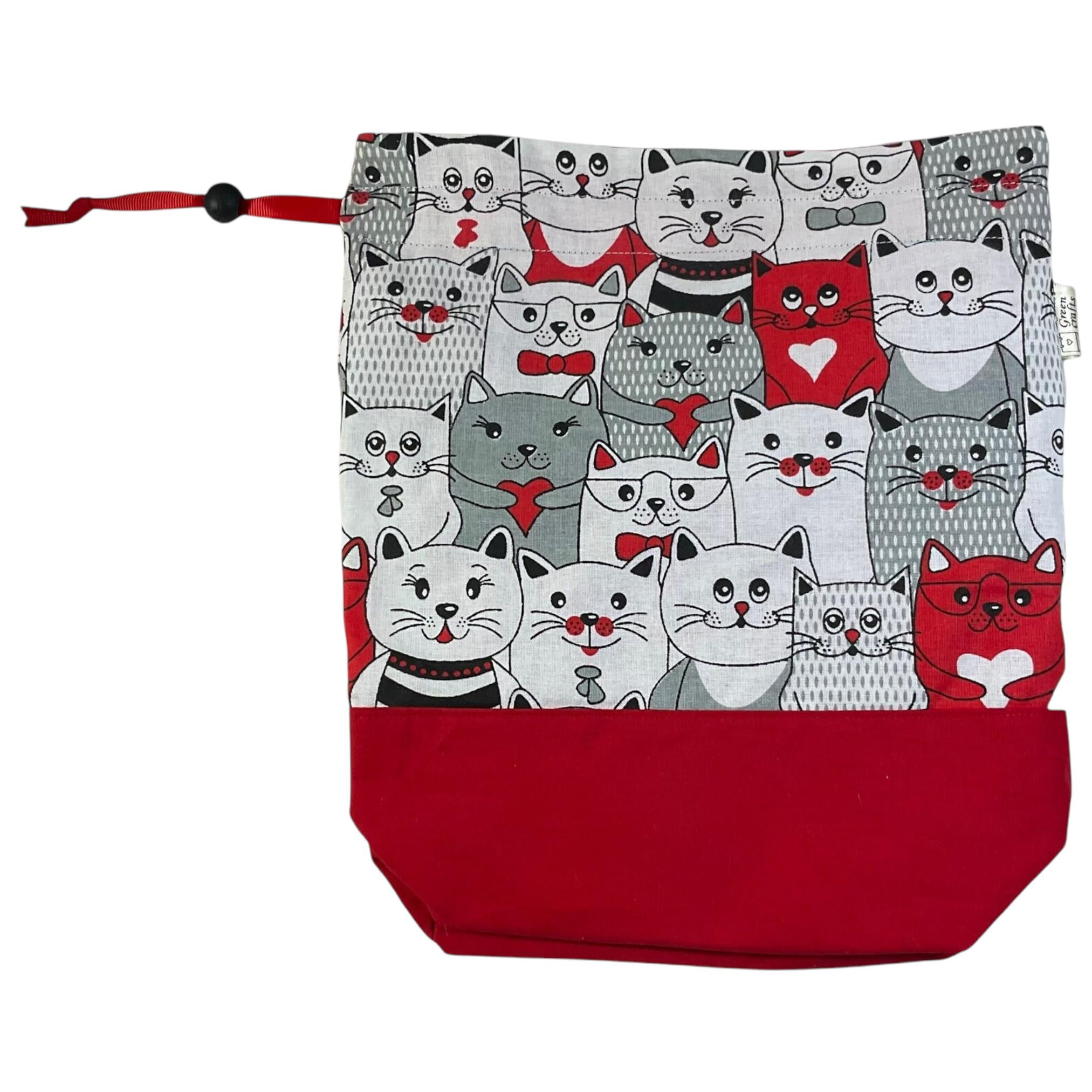 Two at a time knitting bag with cats, medium sock sack, cat lover divided drawstring, ,crochet and crafting work in progress bag , WIP bag
