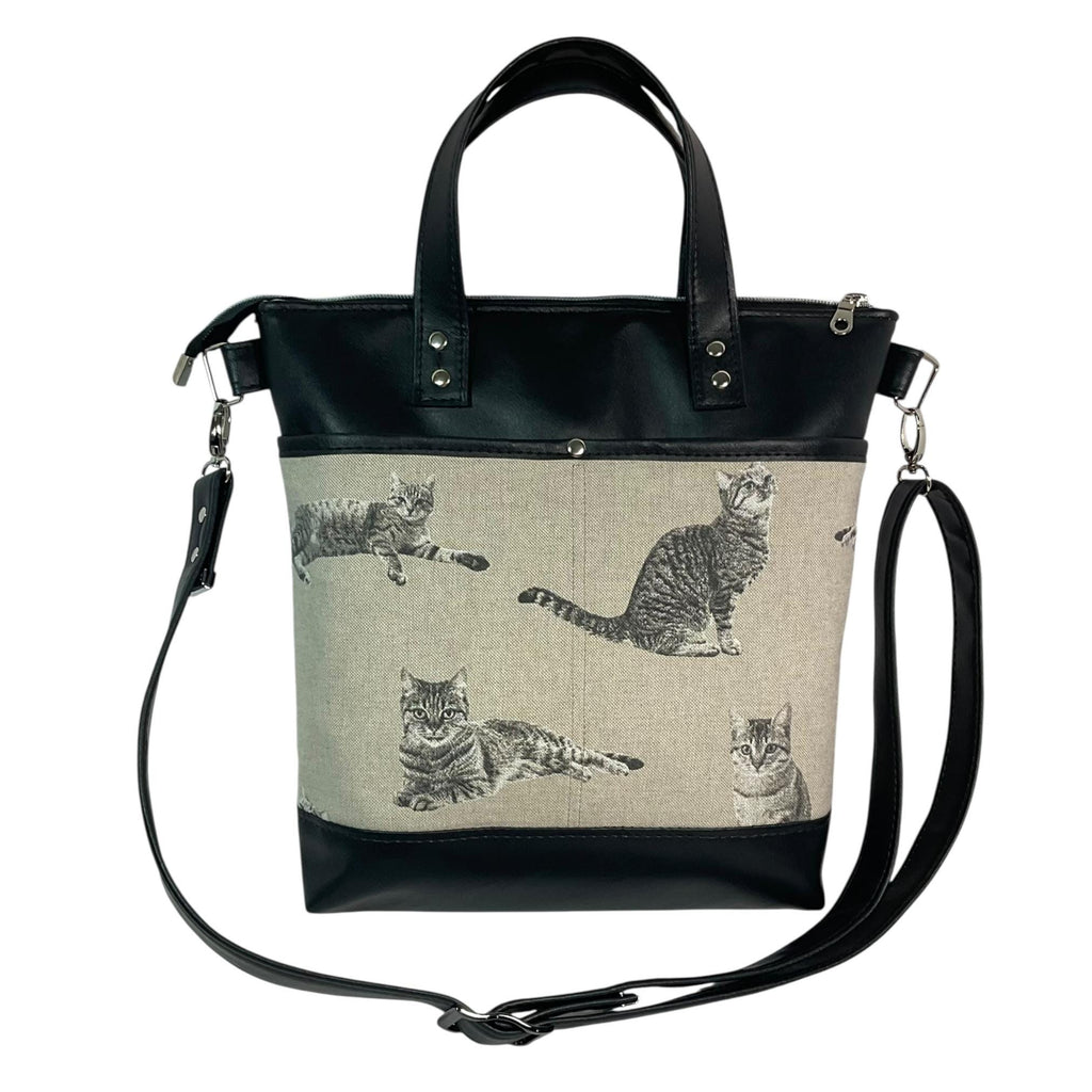 Handbag in faux Leather and monochrome tabby cat print  fabric, medium tote style zip top shoulder crossbody with carry handles
