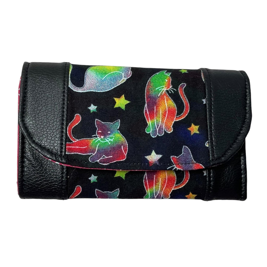 Ladies purse in faux leather and cotton canvas fabric, concertina style coin and card wallet, butterfly, cats and strawberry thief print