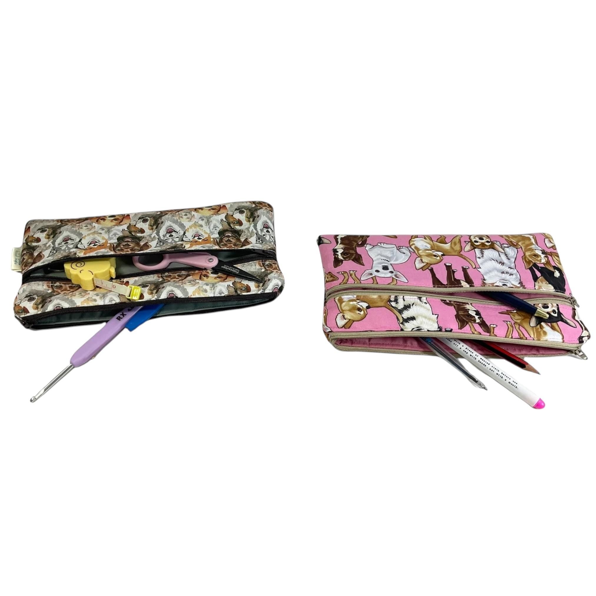 2 pocket zip pouch with various dogs breeds, double pocket case for glasses and phone holder, crafting dog lover gift, water resistant