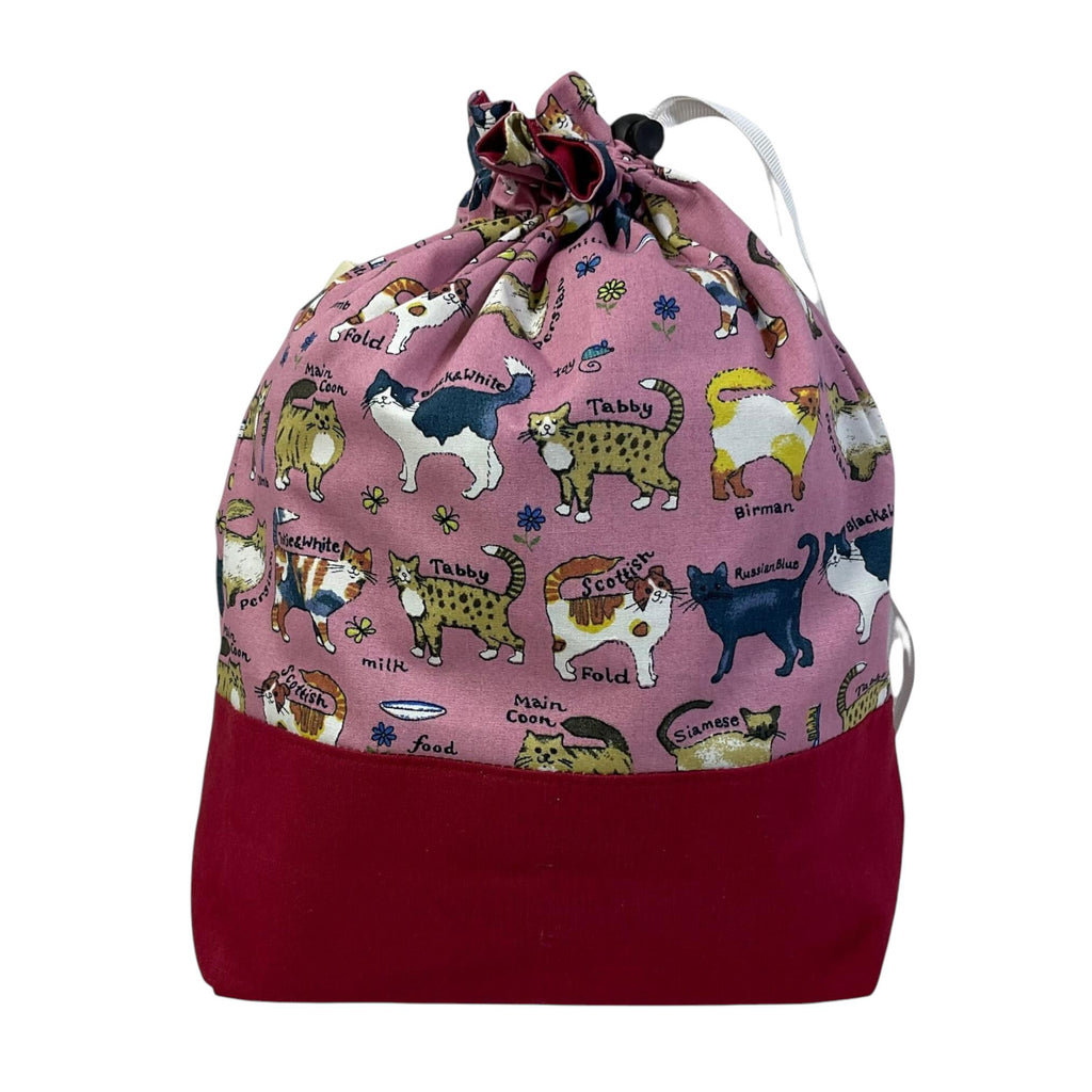 Two at a time knitting bag with cats, medium sock sack, pink drawstring divided, shoe, toiletries, work in progress bag , WIP bag