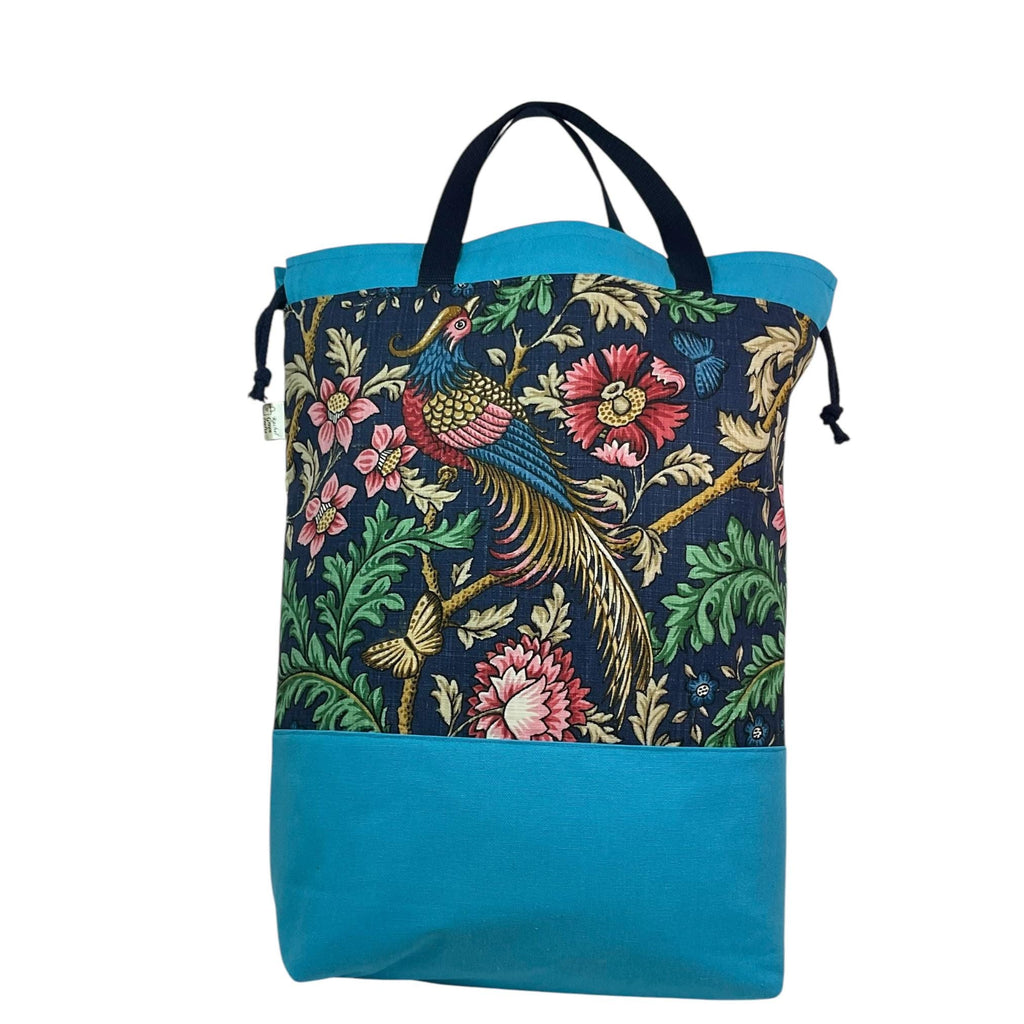 XXL drawstring knitting bag with floral and bird print, canvas  supersized multi pockets project bag with handles,  crafters gift