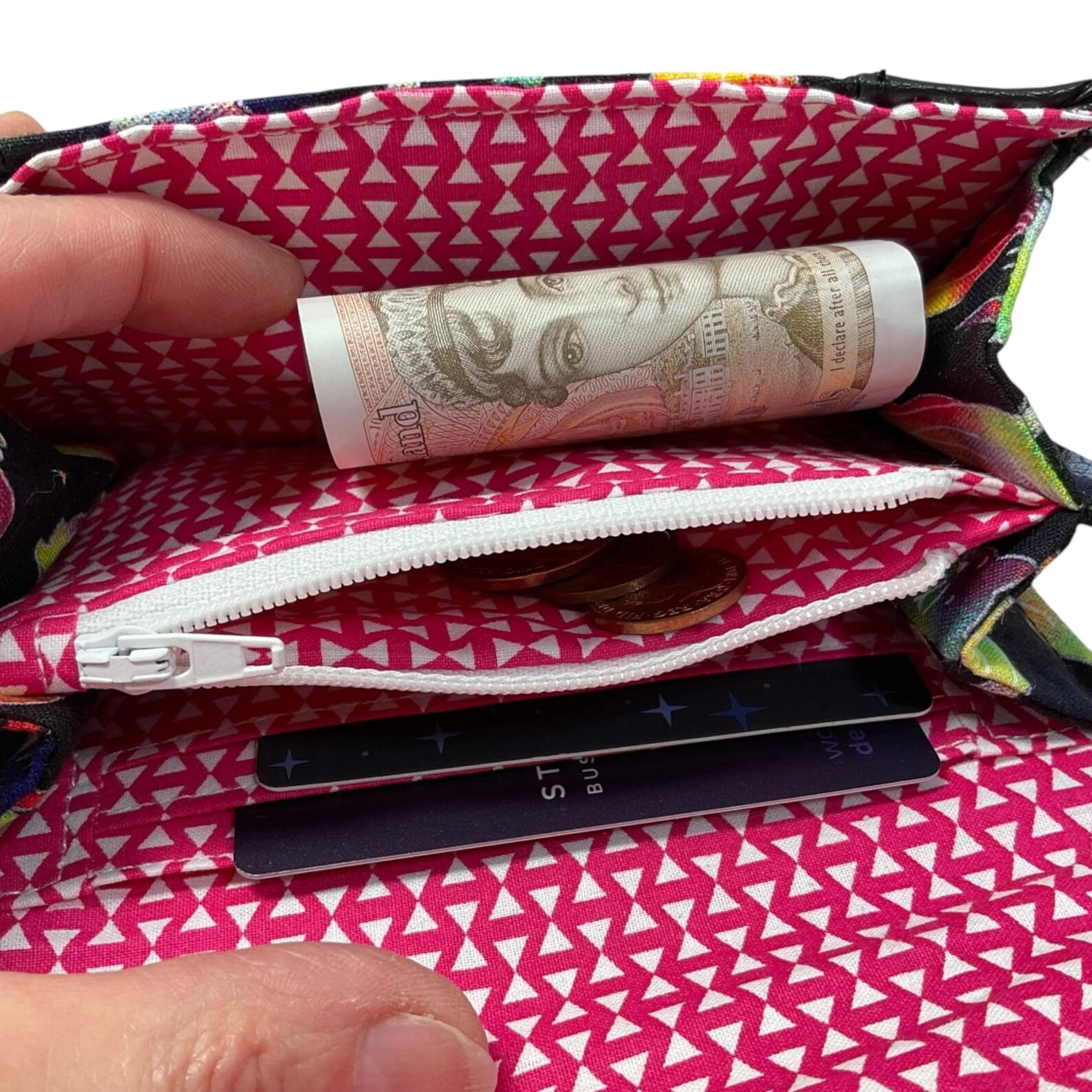 Ladies purse in faux leather and cotton canvas fabric, concertina style coin and card wallet, butterfly, cats and strawberry thief print