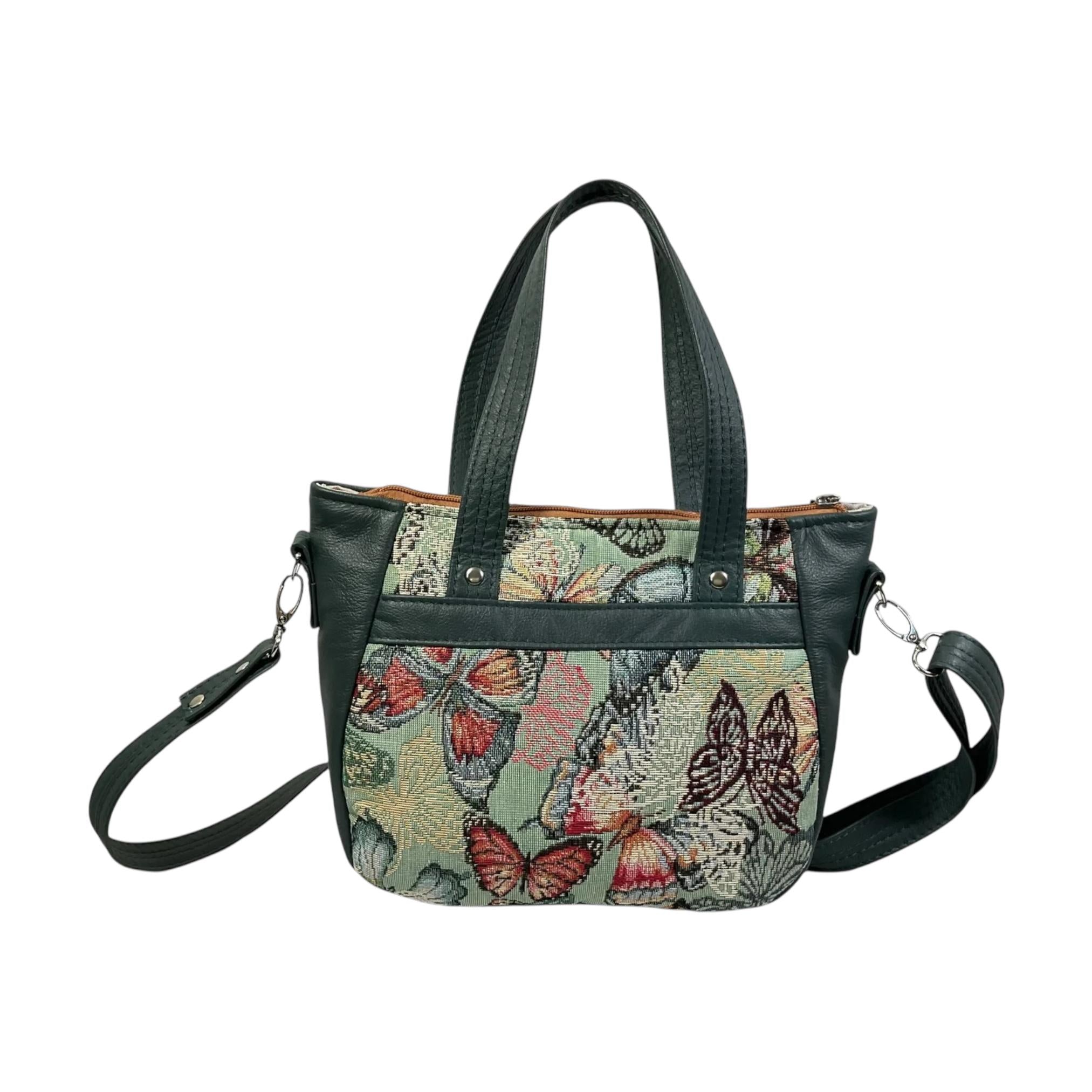 Crossbody Handbag in genuine Leather and butterfly print, unique one of a kind shoulder bag, zip pocket adjustable strap organiser