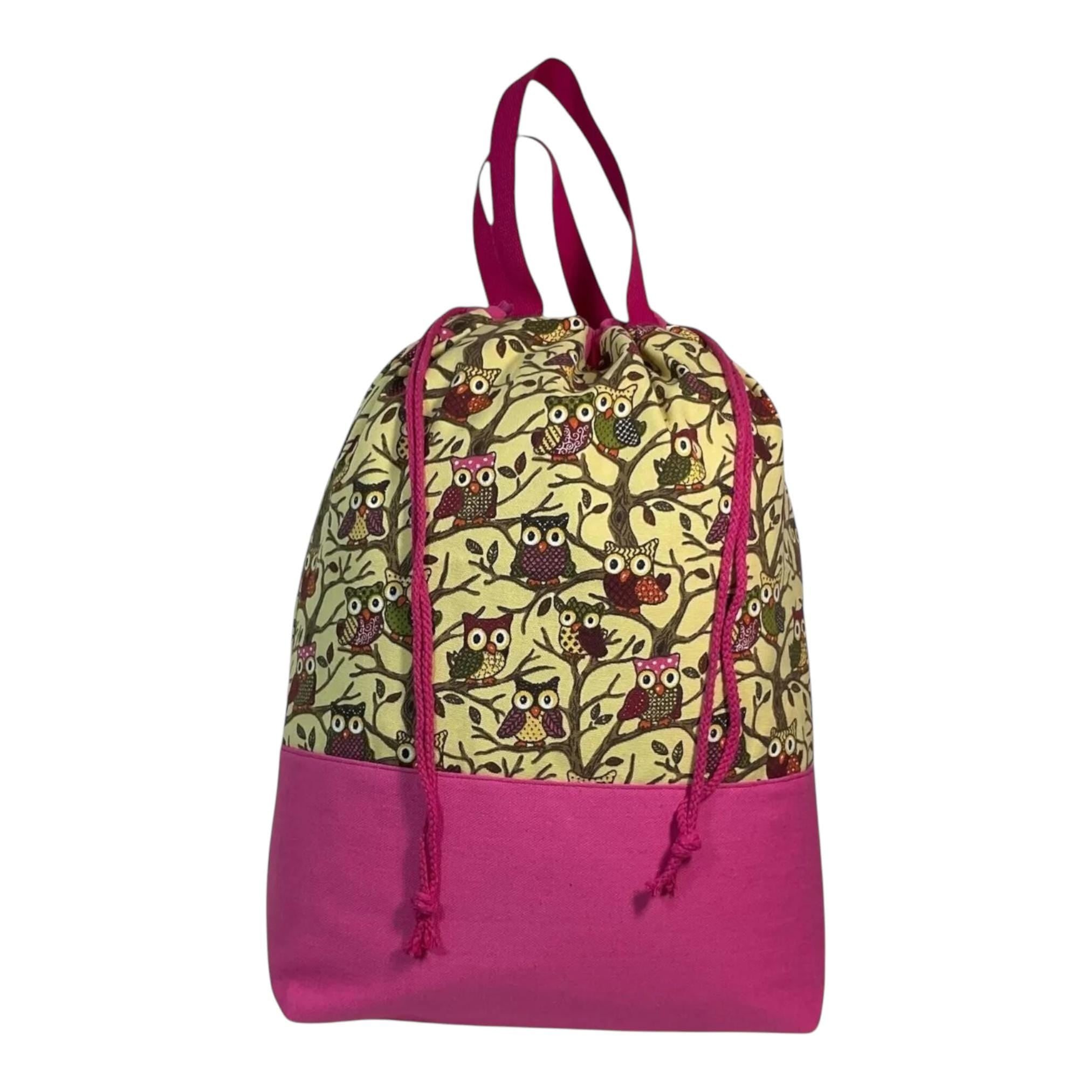 XXL  drawstring knitting bag with owls in trees print, supersized multi pockets project bag with handles, ladies  gift