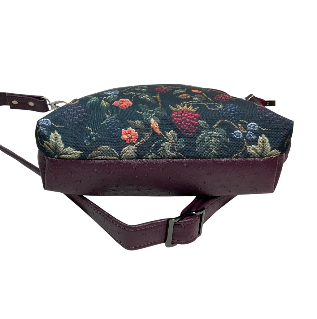 Handbag in faux Leather and floral bramble fabric, raspberry and blackberry fuit medium sized zip top shoulder crossbody