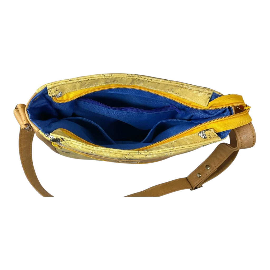 Handbag in faux leather and bee print,  vegan ladies gift, crossbody bag, shoulder zip pouch