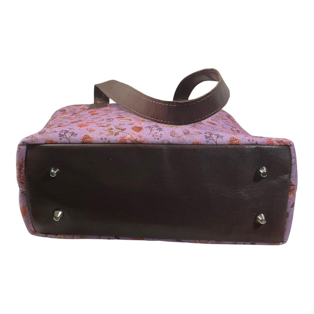 Woodland Floral Corduroy Tote Bag: Leather Accents, Structured Shoulder Bag