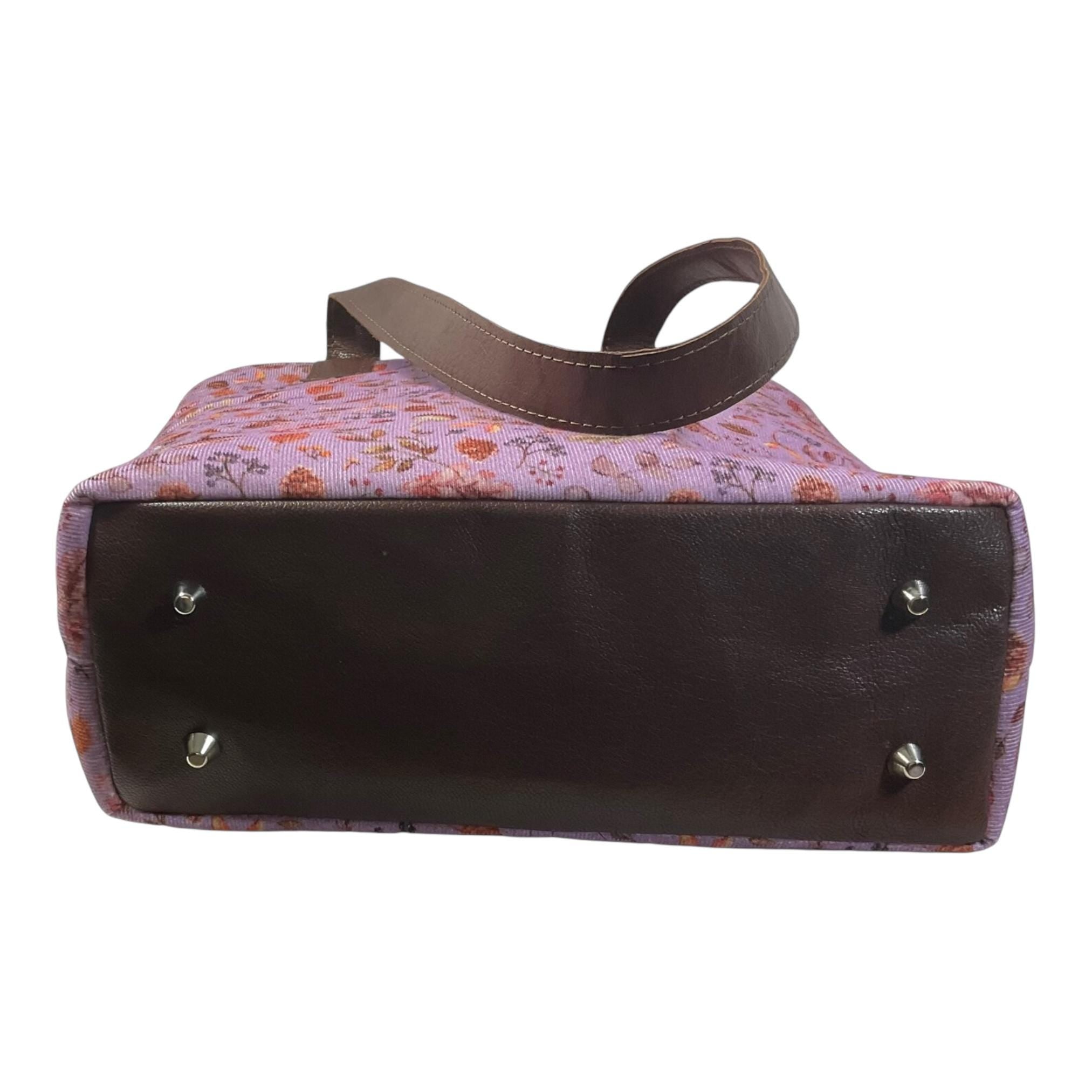 Woodland Floral Corduroy Tote Bag: Leather Accents, Structured Shoulder Bag