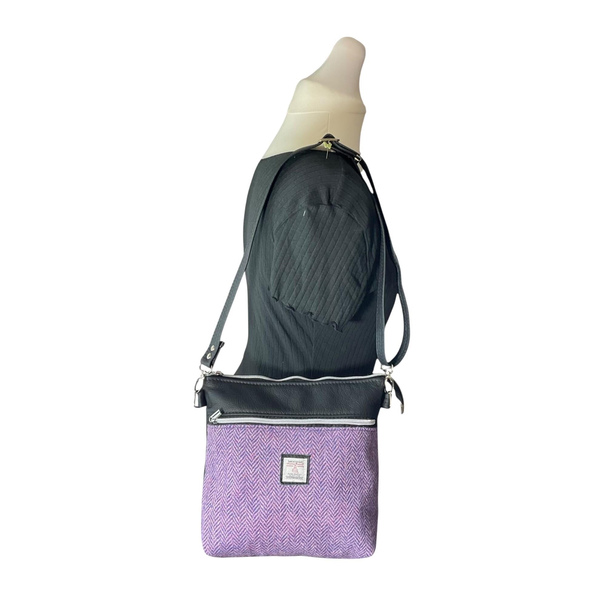 Handbag in genuine leather and Harris tweed tartan print pure wool,  blue and lilac herringbone medium sized zip top shoulder bag