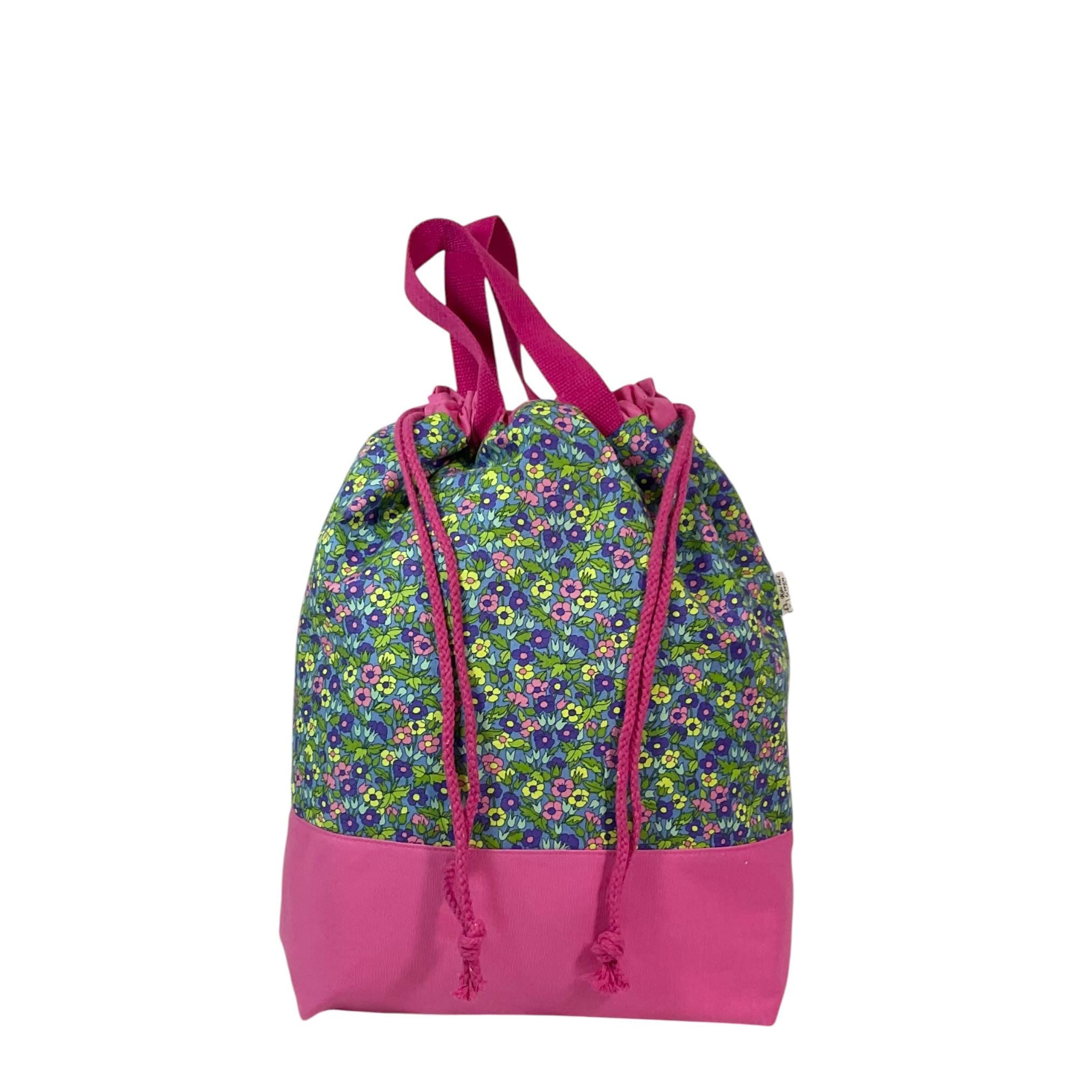 Liberty fabric Extra Large drawstring knitting bag with floral print, multi pockets project  bag with handle, flower lover gift