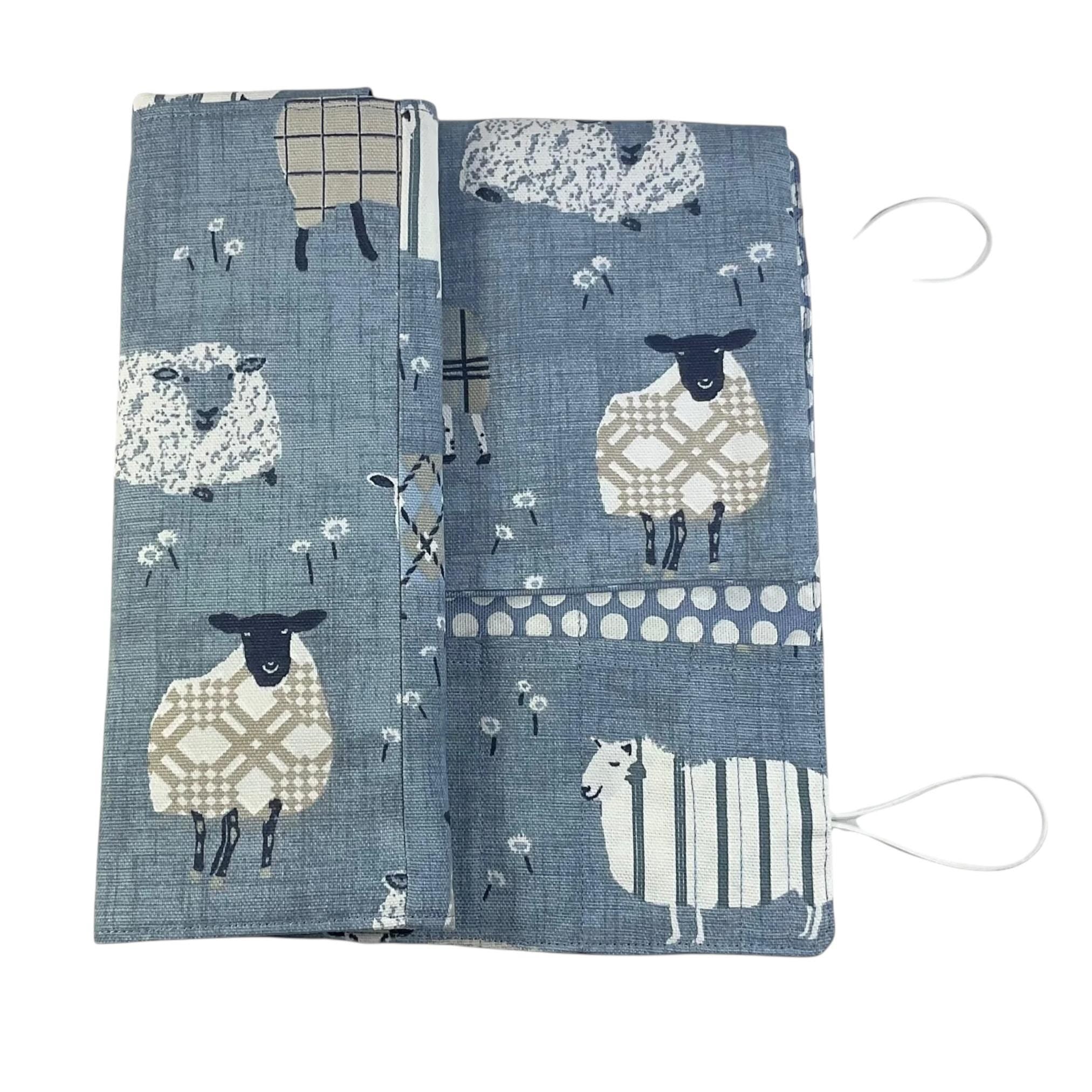 interchangeable and double pointed needle case with blue sheep, knitting needle pouch, hiya hiya case, knit pro wallet