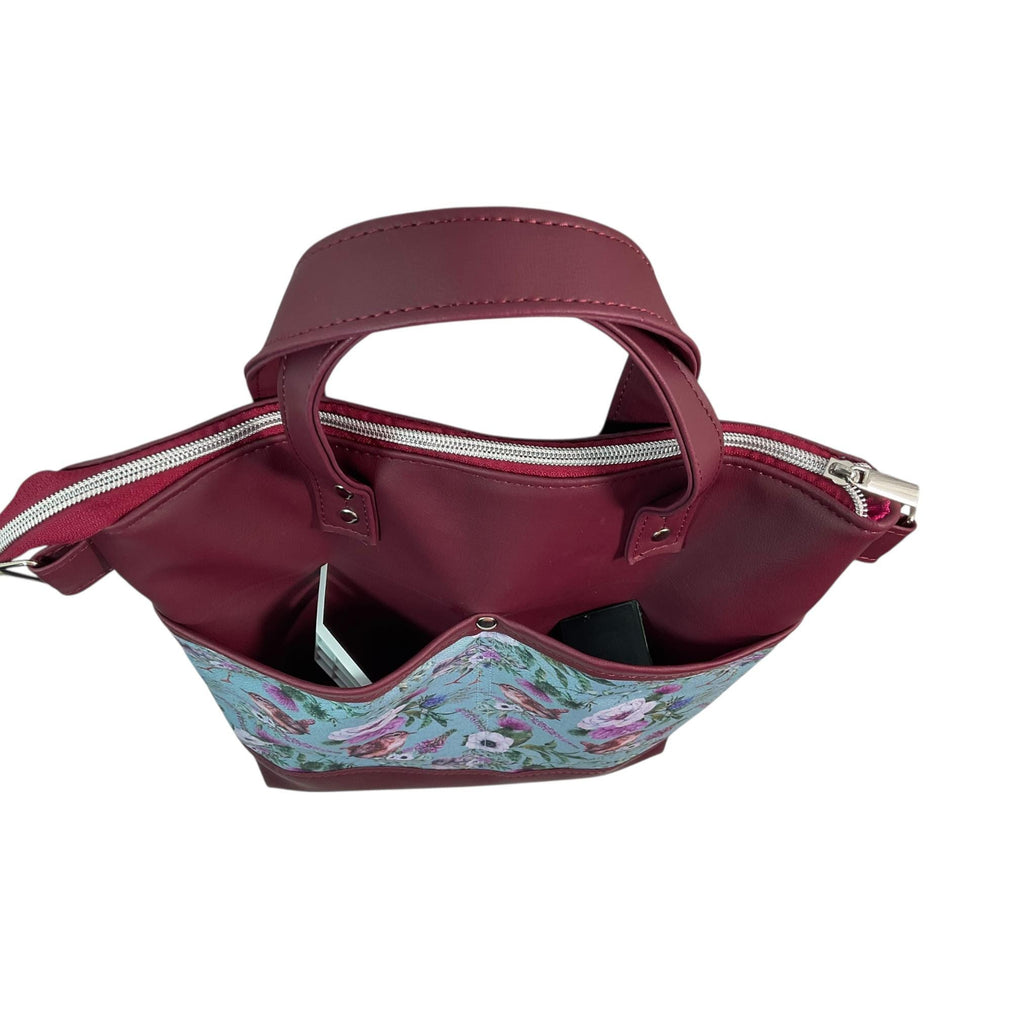 Handbag in faux Leather and bird  print  fabric, medium tote style zip top shoulder crossbody with carry handles