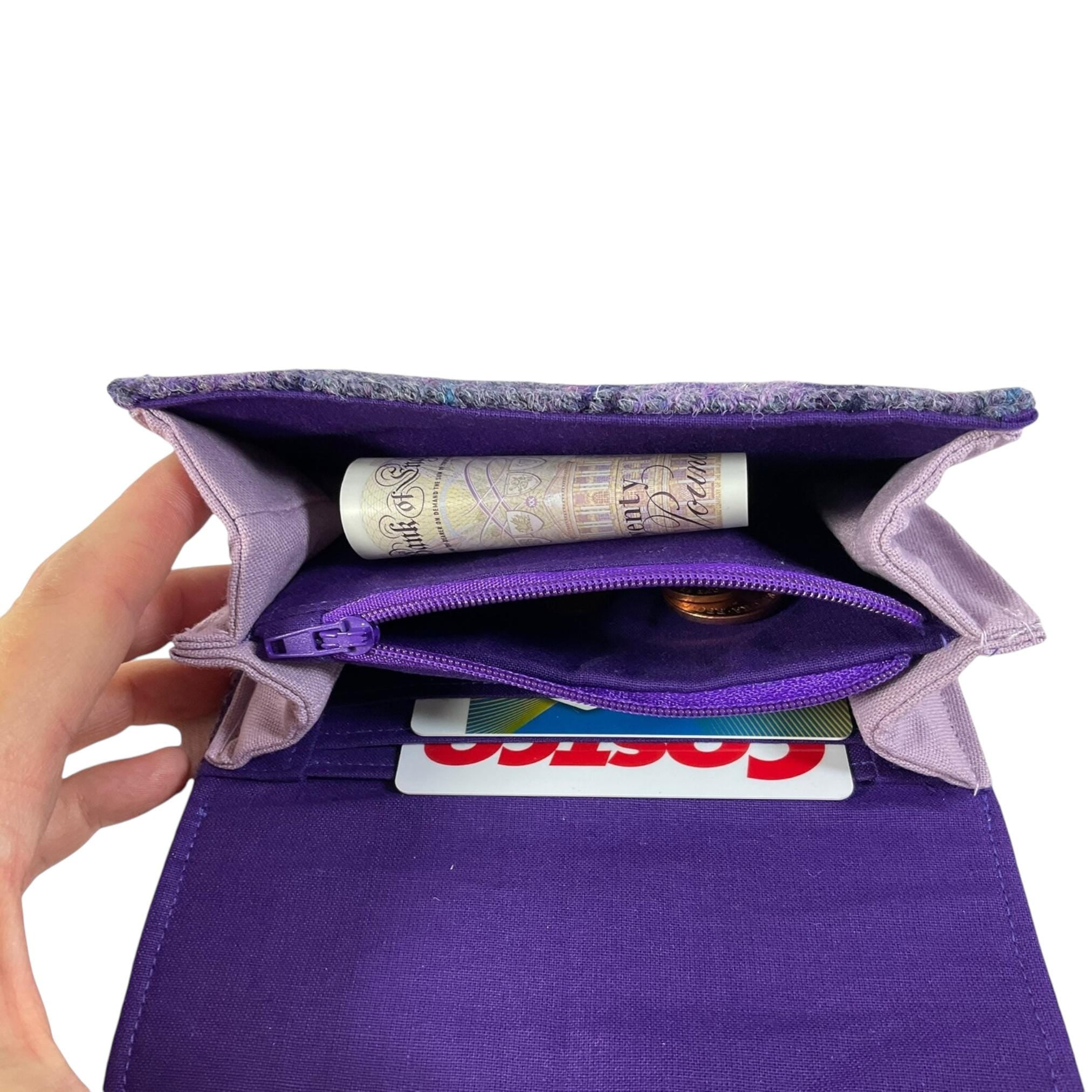 Concertina purse made in Harris tweed purple check wool fabric, coin and card wallet,  purple ladies gift