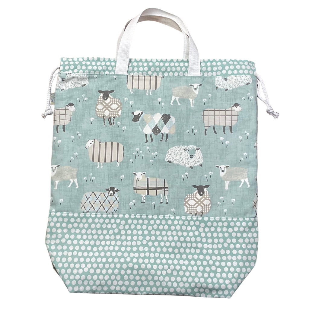 XXL  drawstring knitting bag with Turquoise coloured sheep print, supersized multi pockets project bag with handles