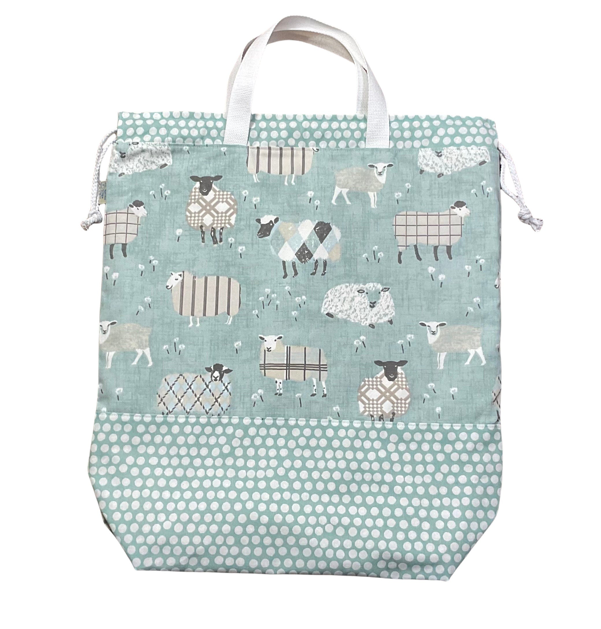 XXL  drawstring knitting bag with Turquoise coloured sheep print, supersized multi pockets project bag with handles