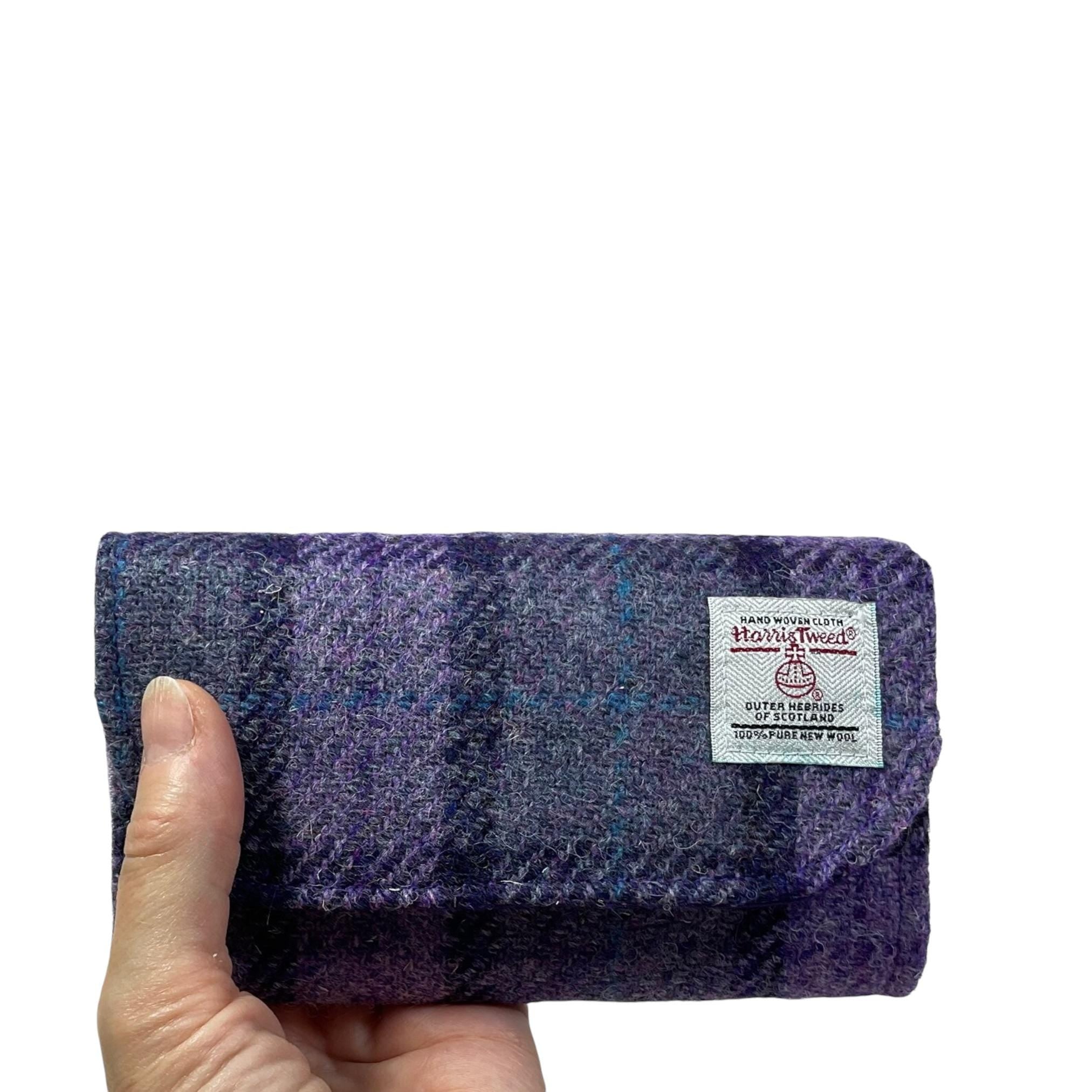 Concertina purse made in Harris tweed purple check wool fabric, coin and card wallet,  purple ladies gift