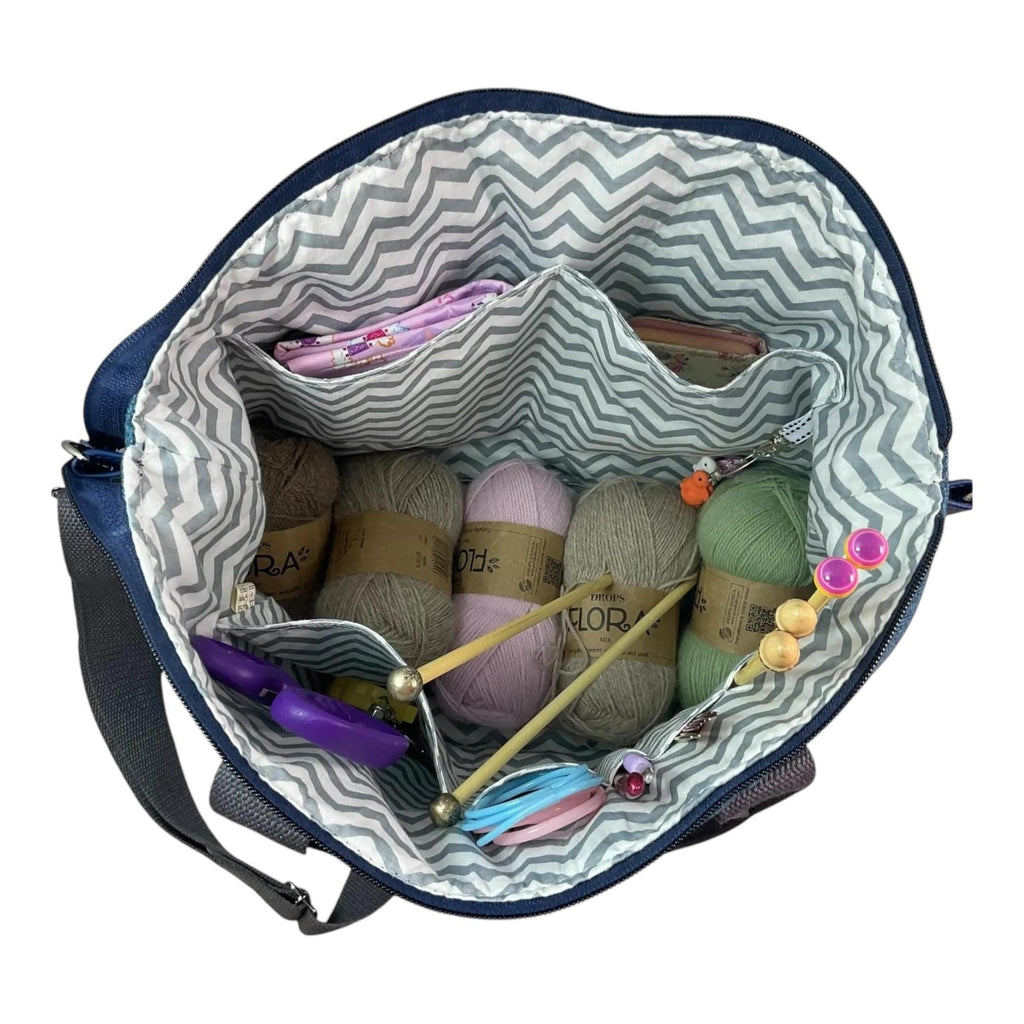 Knitting and crochet tote bag with zip top, large sheep organiser crossbody bag